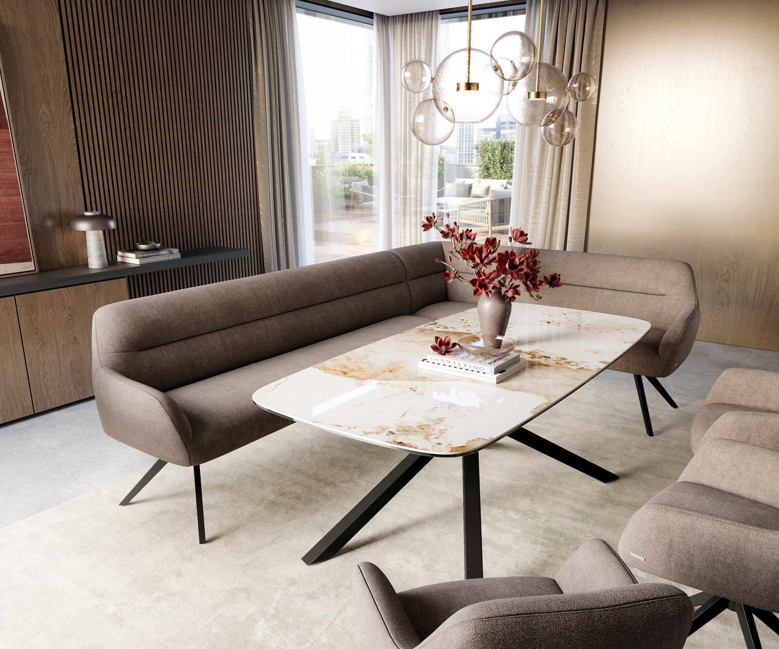 Banc-de-salle-à-manger Taya-Flex 285x190 cm tissu structuré doux taupe pied croisé angulaire noir ressort ensaché liens 1