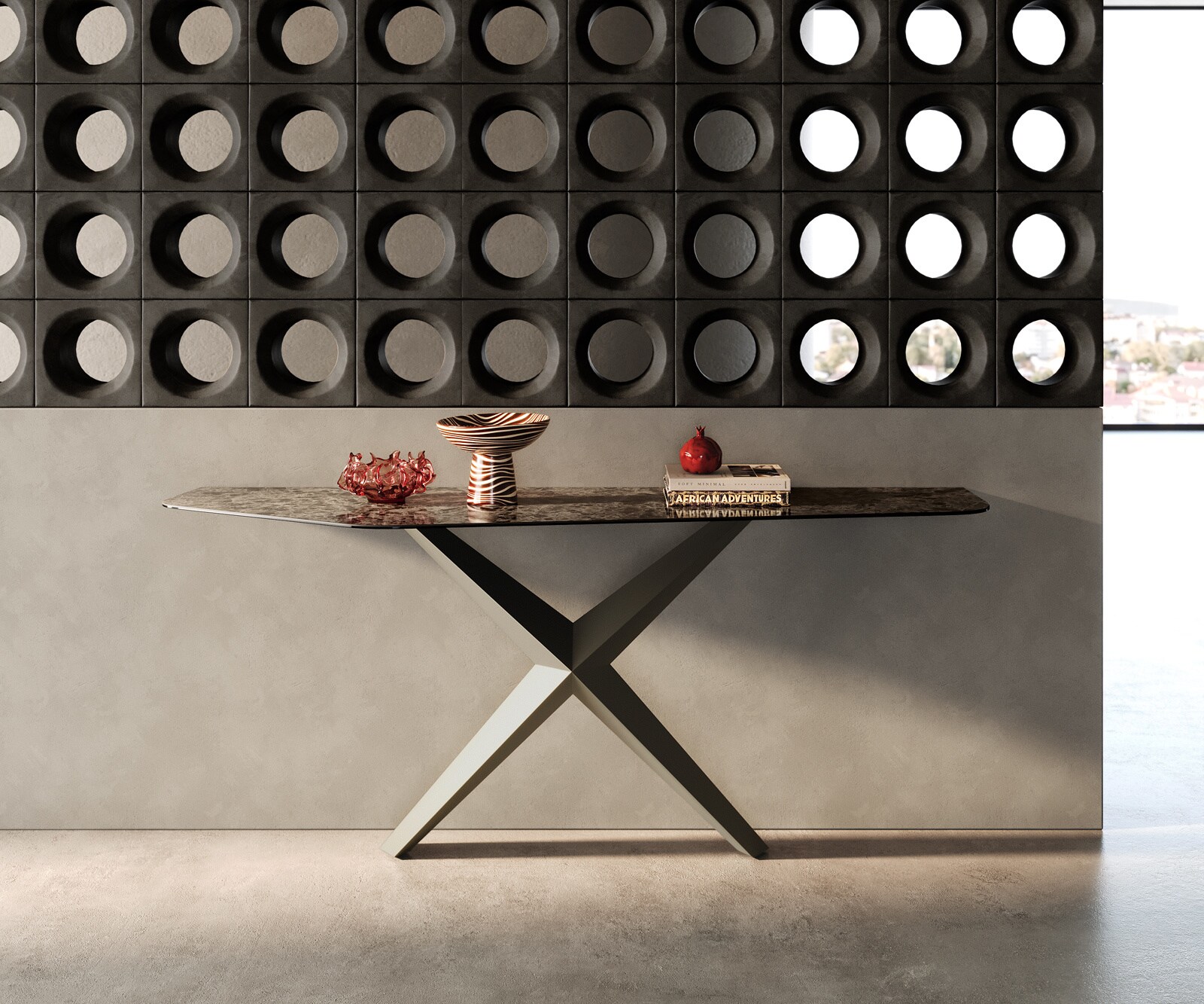 Console Edge Polygonal 180x50 cm Céramique Emperador Extra Lucidato Dunkelbraun Zentharo Métal Effektfinish Titan 4