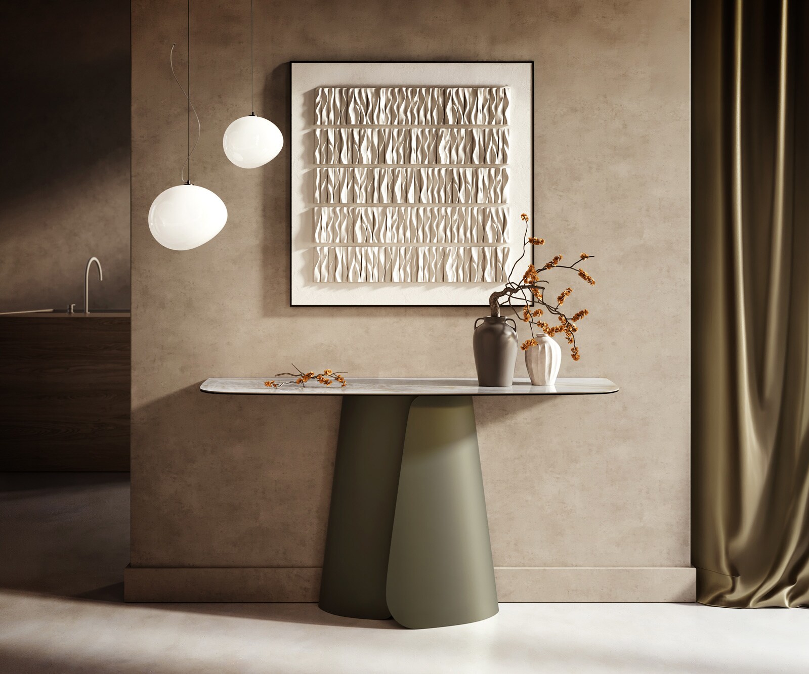 Console Edge forme bateau 140x40 cm Céramique Onyx Pearl Livos Métal Effektfinish Titan 1