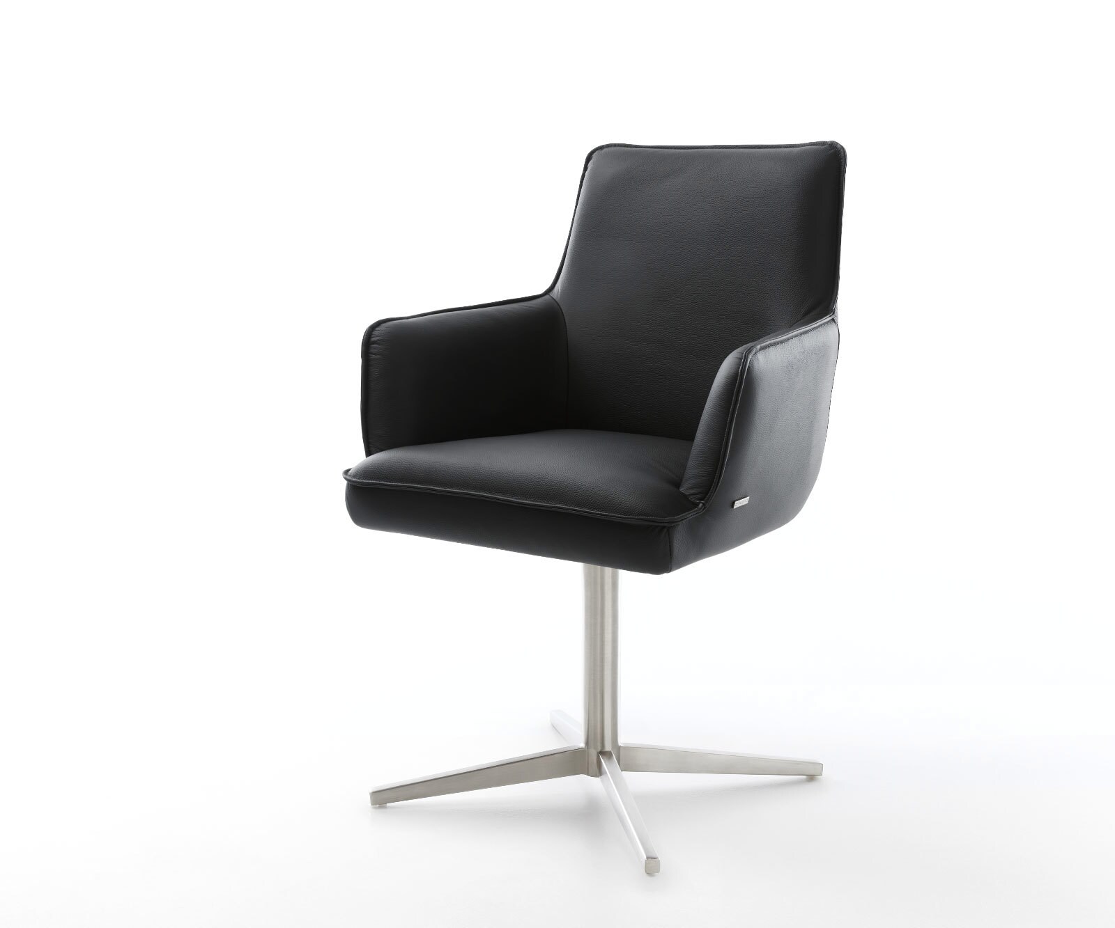 Chaise-pivotante Heira-Flex avec accoudoirs cuir de vache noir pied de chaise 4 branches acier inoxydable brossé pivotement sur 360° ressorts ensachés