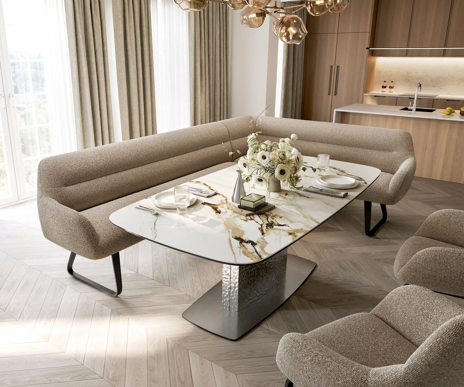 Banc-de-salle-à-manger Taya-Flex 285x190 cm bouclé boue châssis à patins plat noir ressort ensaché liens 1