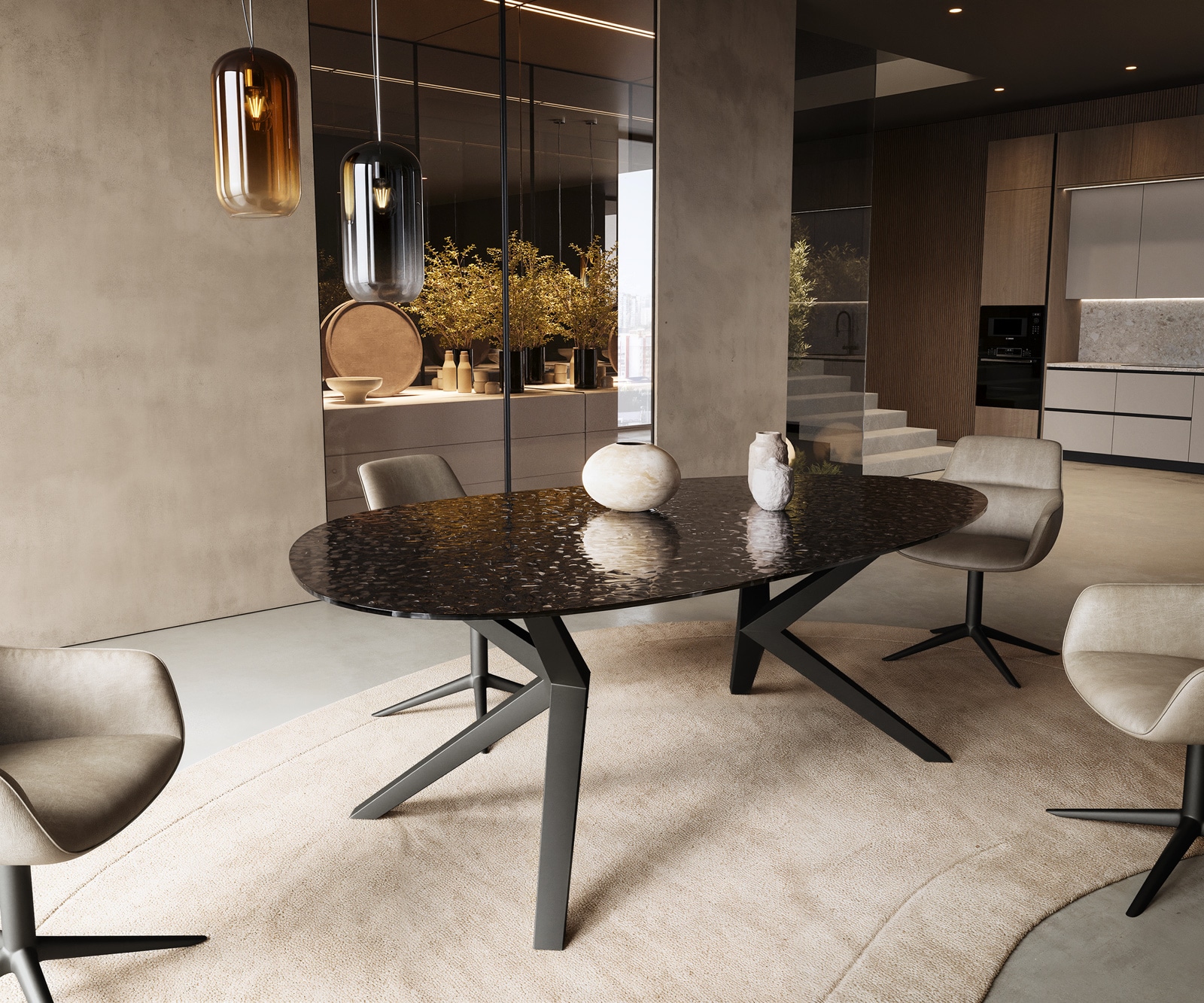 Table à manger Edge Ovale 220x120 Reliefglas RauchNoir 3D-Design Zenthara anguleux Métal Noir 1