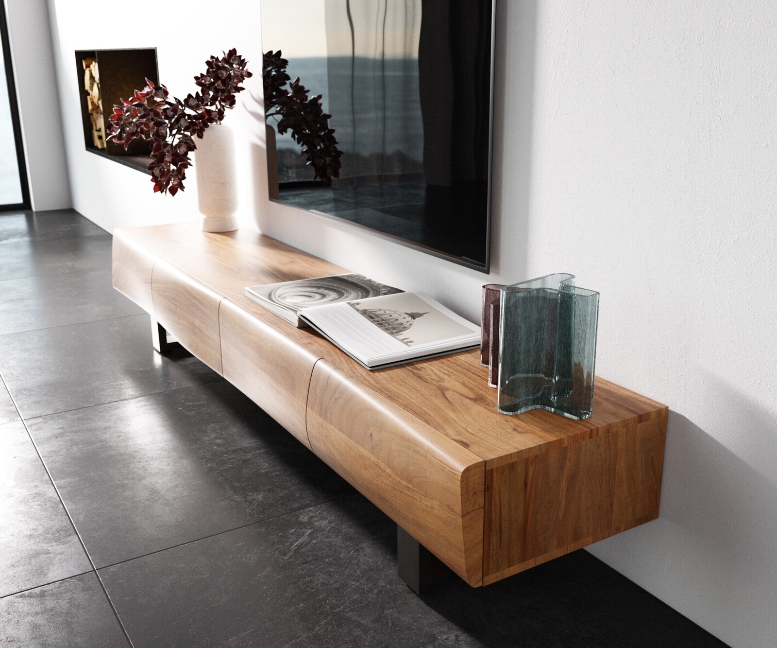 Meuble TV New Live-Edge 200 cm acacia naturel 4 portes patin inox brossé 1