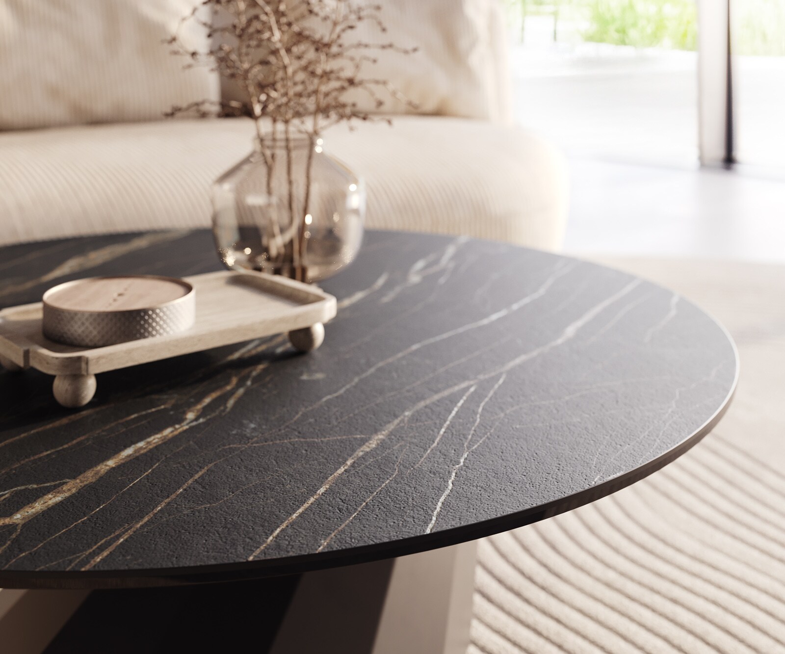 Table basse Edge rond 100x100 cm céramique Laminam® Noir Desir brun Parabi métal noir 4