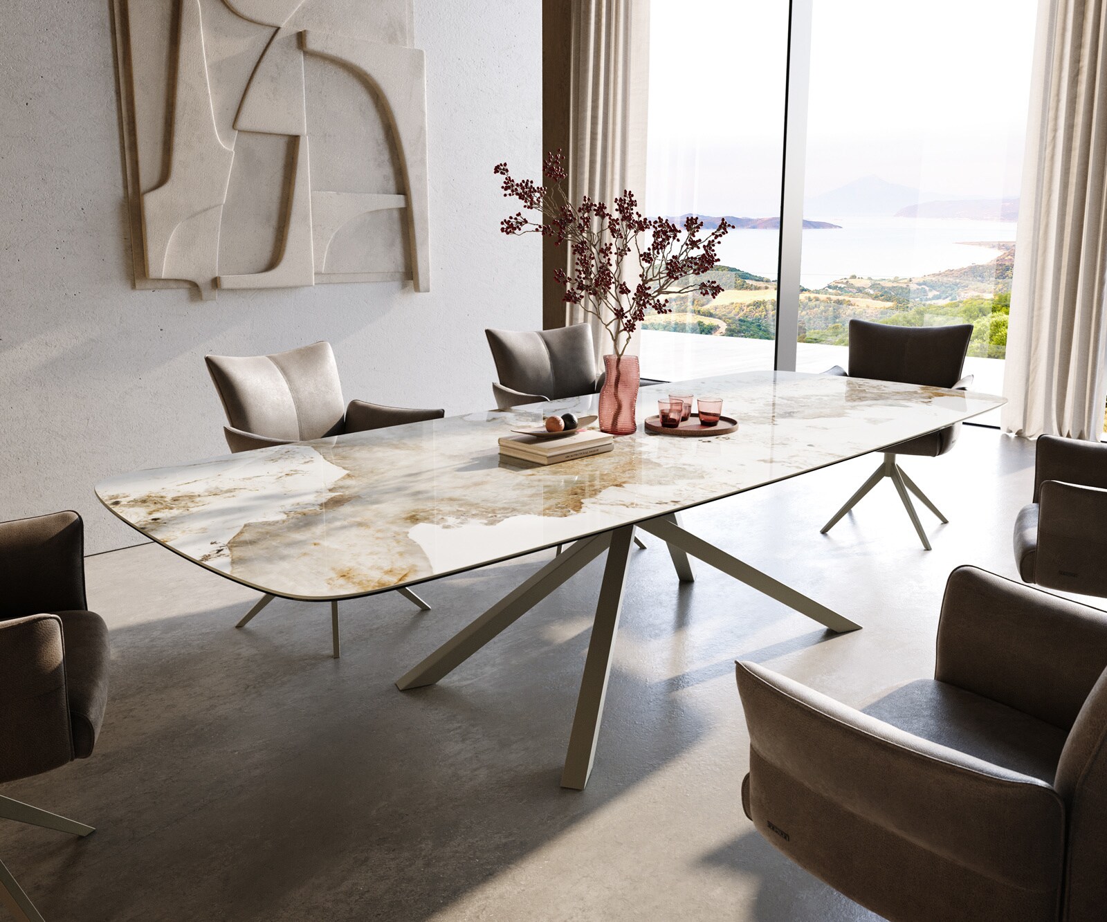 Table à manger Edge Boot 300x120 cm Céramique Minas Melange Blanc-Beige piètement en croix Rectangle Finition effet Titan 1