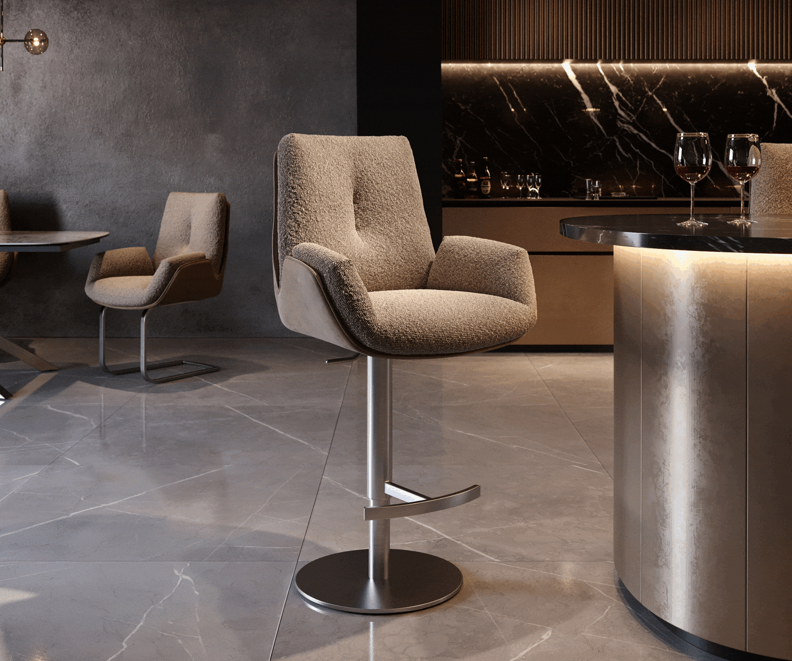 Chaise-de-bar Clea-Flex mélange de matériaux boue pied pivotant réglable en hauteur acier inoxydable pivotant ressorts ensachés 6