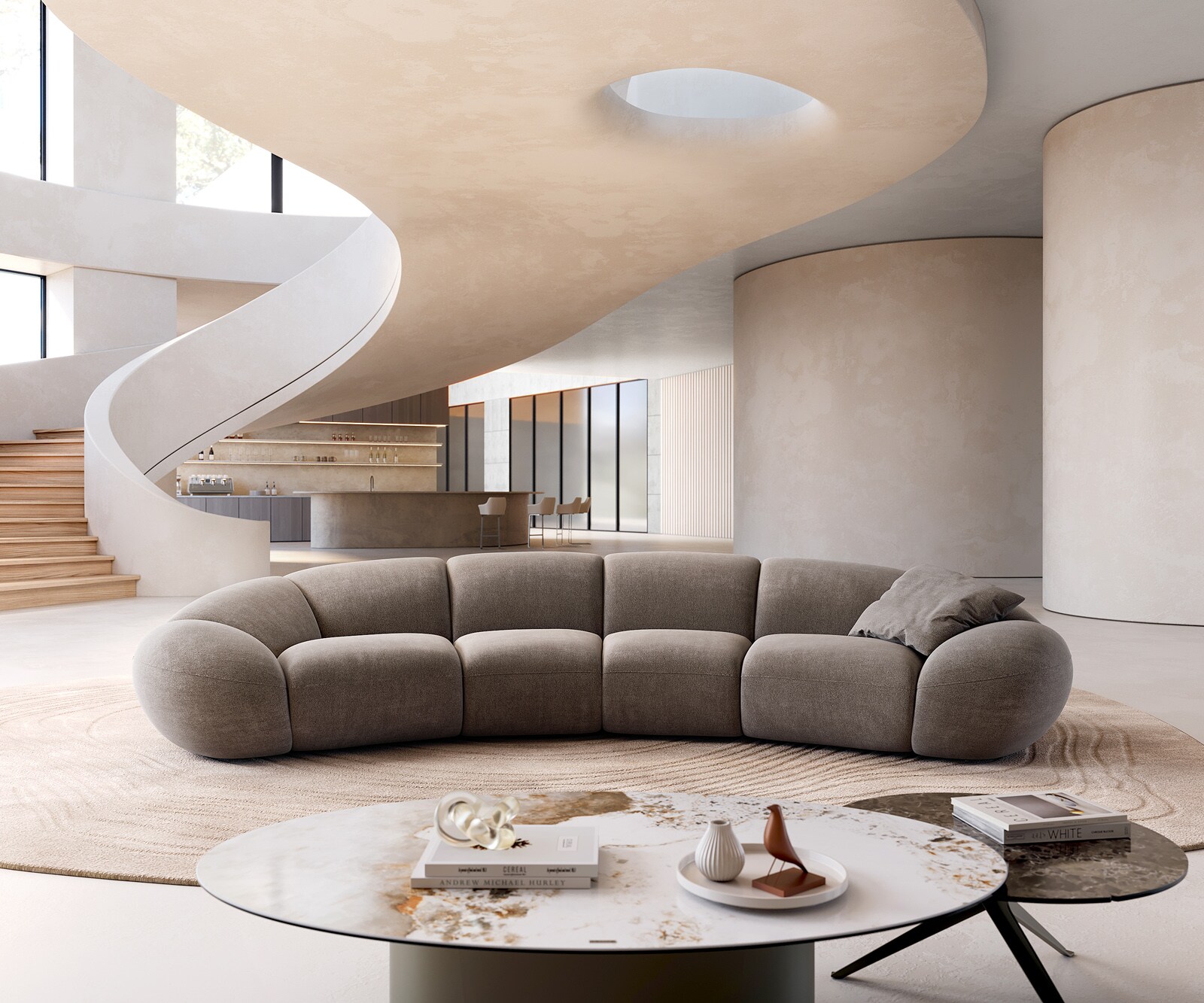 Grand canapé Lunna 360x175 cm Tissu structuré Soft Taupe 2 coussins