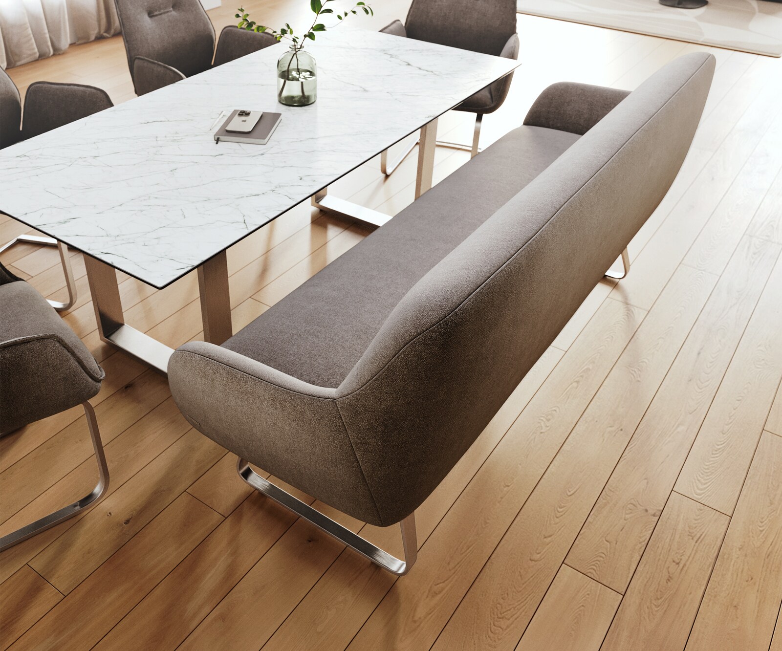 Banc-de-salle-à-manger Taya-Flex 200 cm tissu structuré doux taupe châssis à patins plat acier inoxydable ressort ensaché 3