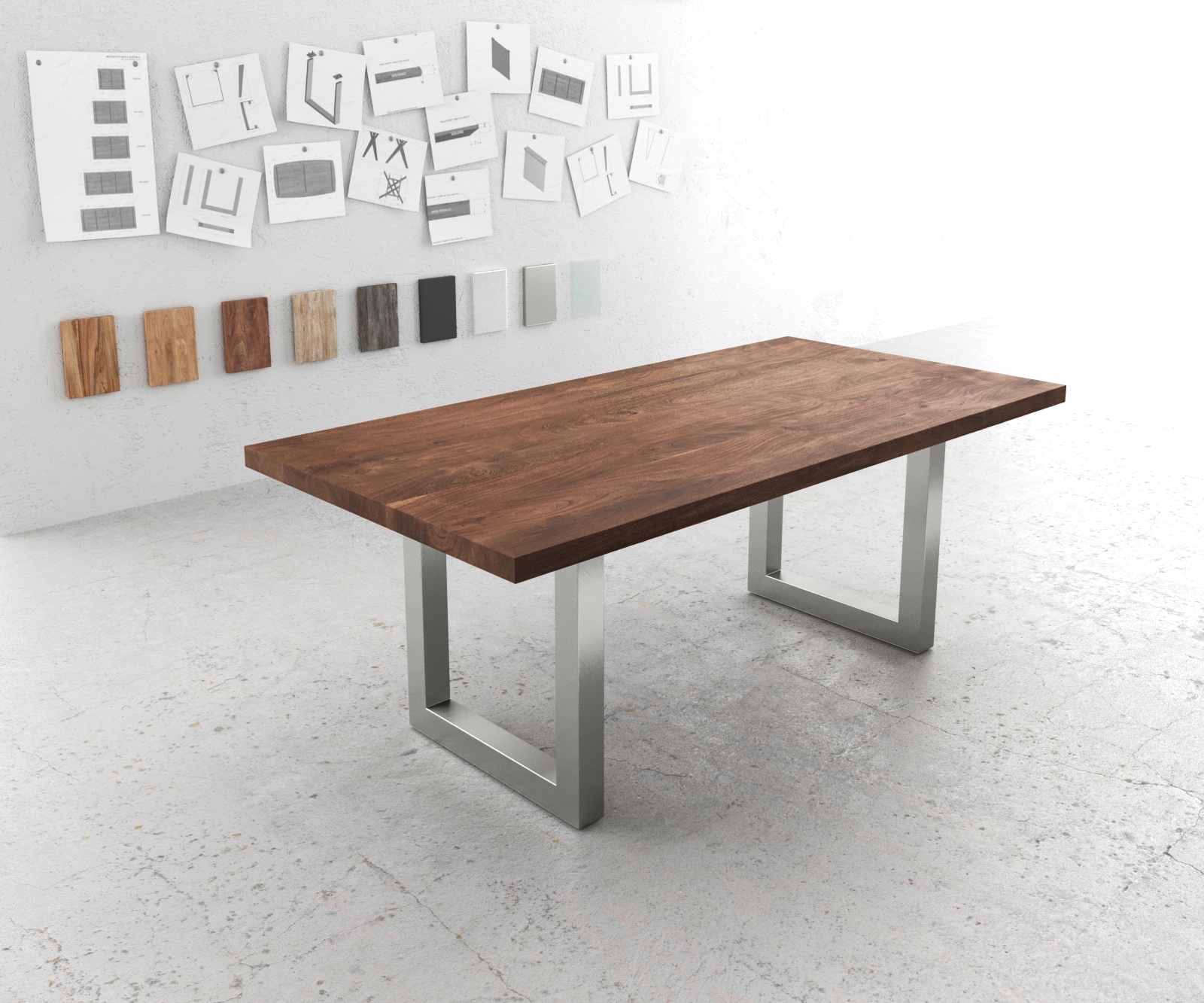 Table-à-manger Edge 200x100 XL acacia marron acier inoxydable large