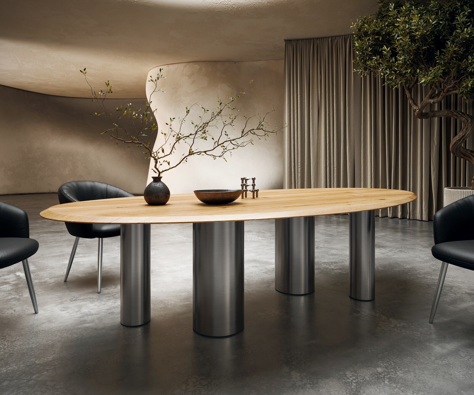 Table à manger Edge ovalee 280x130x2,5 chêne naturee Pilier acier inoxydable brossé Flow-Edge
