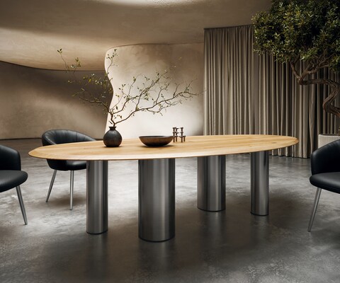 Table à manger Edge ovalee 280x130x2,5 chêne naturee Pilier acier inoxydable brossé Flow-Edge