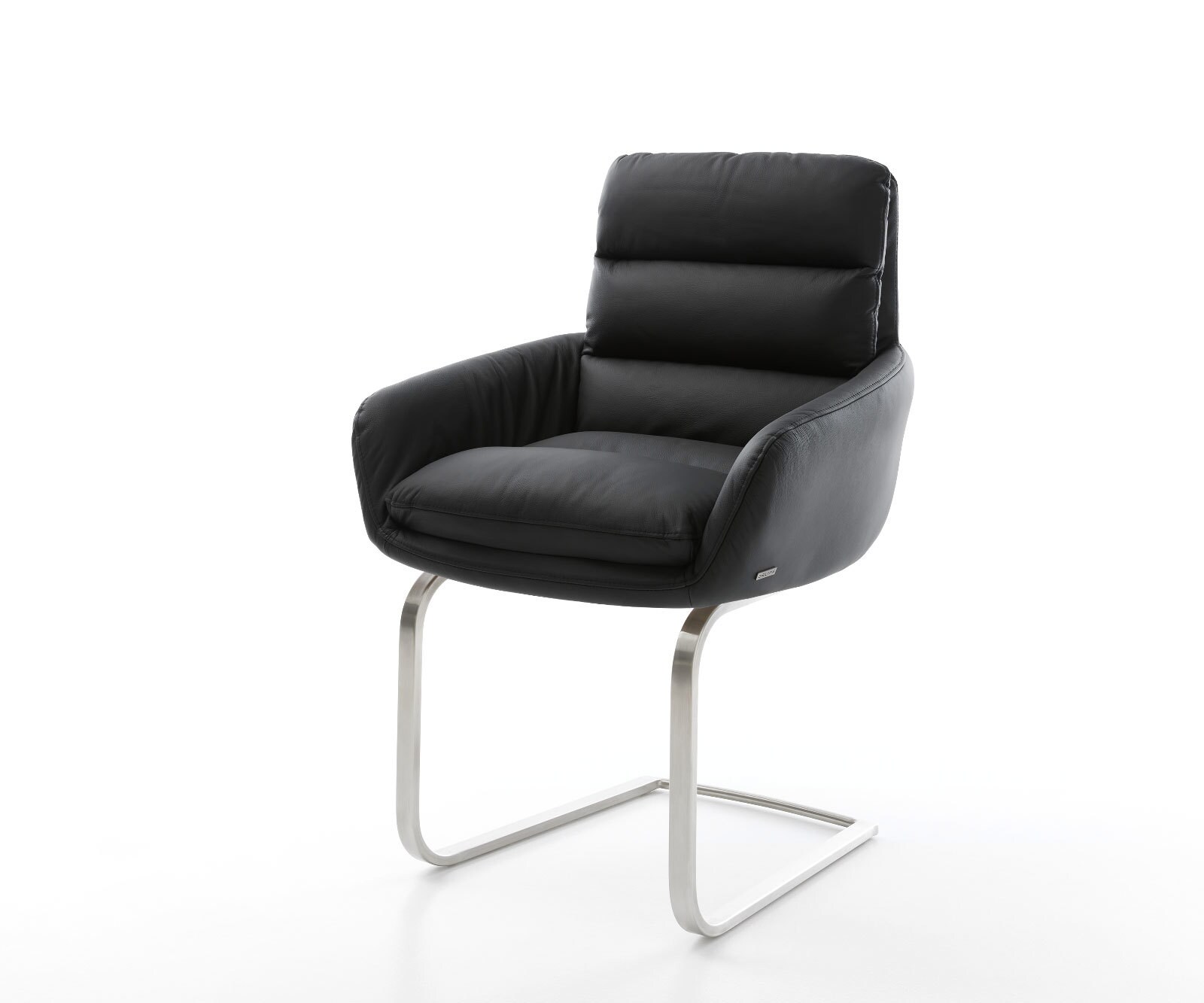 Cantilever Abelia-Flex avec accoudoirs cuir de vache noir pied cantilever plat acier inoxydable brossé
