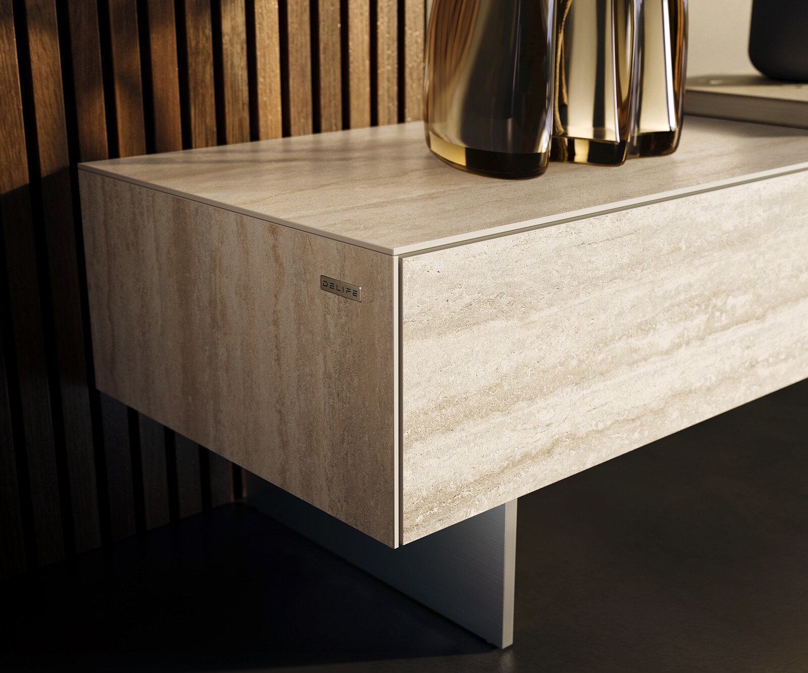 Meuble-TV Cuor 200 cm Céramique Laminam® Travertino Bianco Crème-blanc 1 Clapet 1 Tiroir Flottant 5