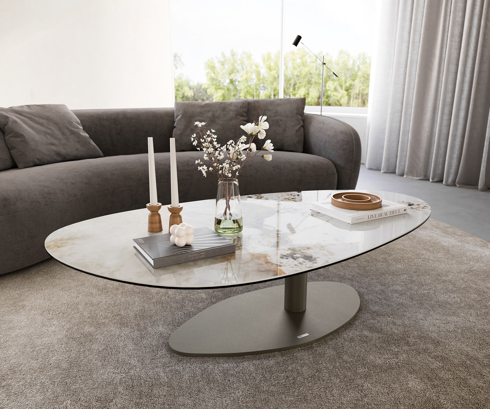 Table basse Edge Oval 140x75 cm céramique Minas Melange Vibany Metall finition effet titane 1