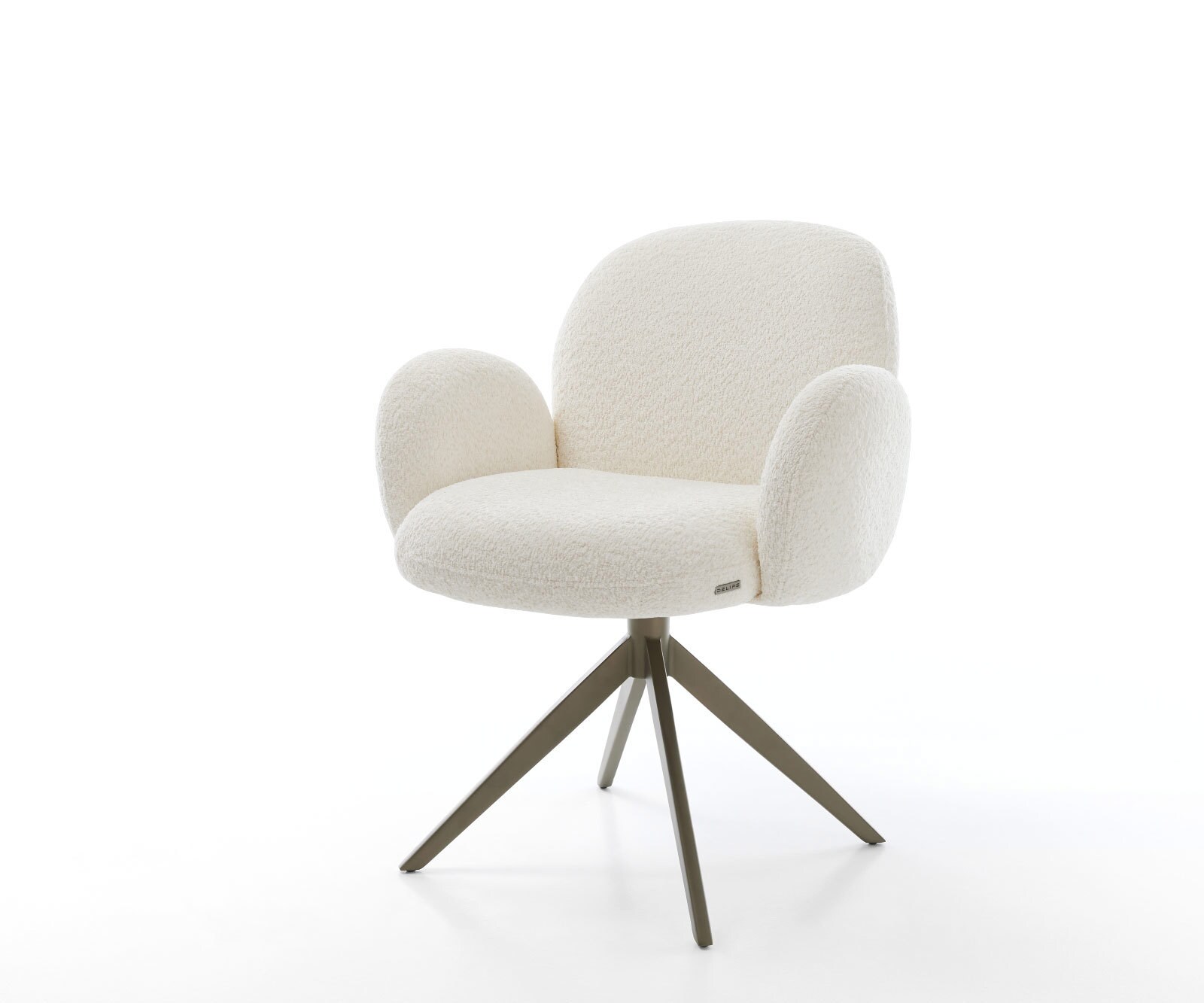 Chaise-pivotante Nube-Flex avec accoudoirs bouclé blanc pied croisé large aspect titane pivotement sur 360° ressorts ensachés