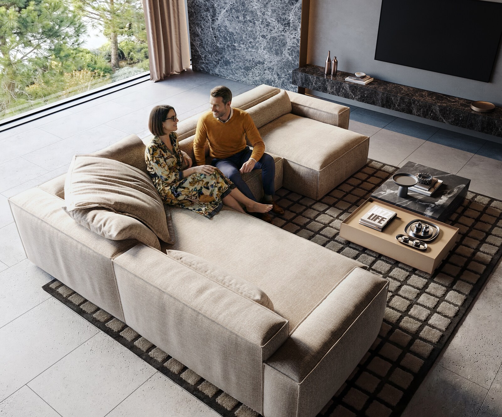 Canapé panoramique Freestyle 360x290 cm Tissu tissé doux Beige couture passepoilée 1