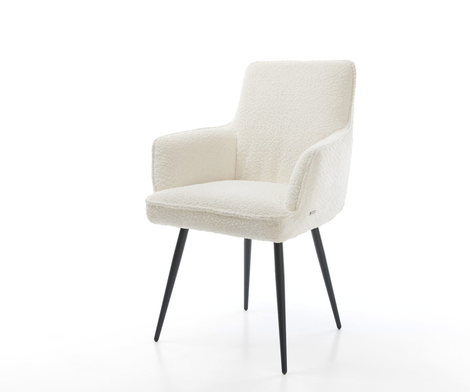 Chaise-de-salle-à-manger Heira-Flex avec accoudoirs bouclé blanc 4 pieds coniques noir ressorts ensachés