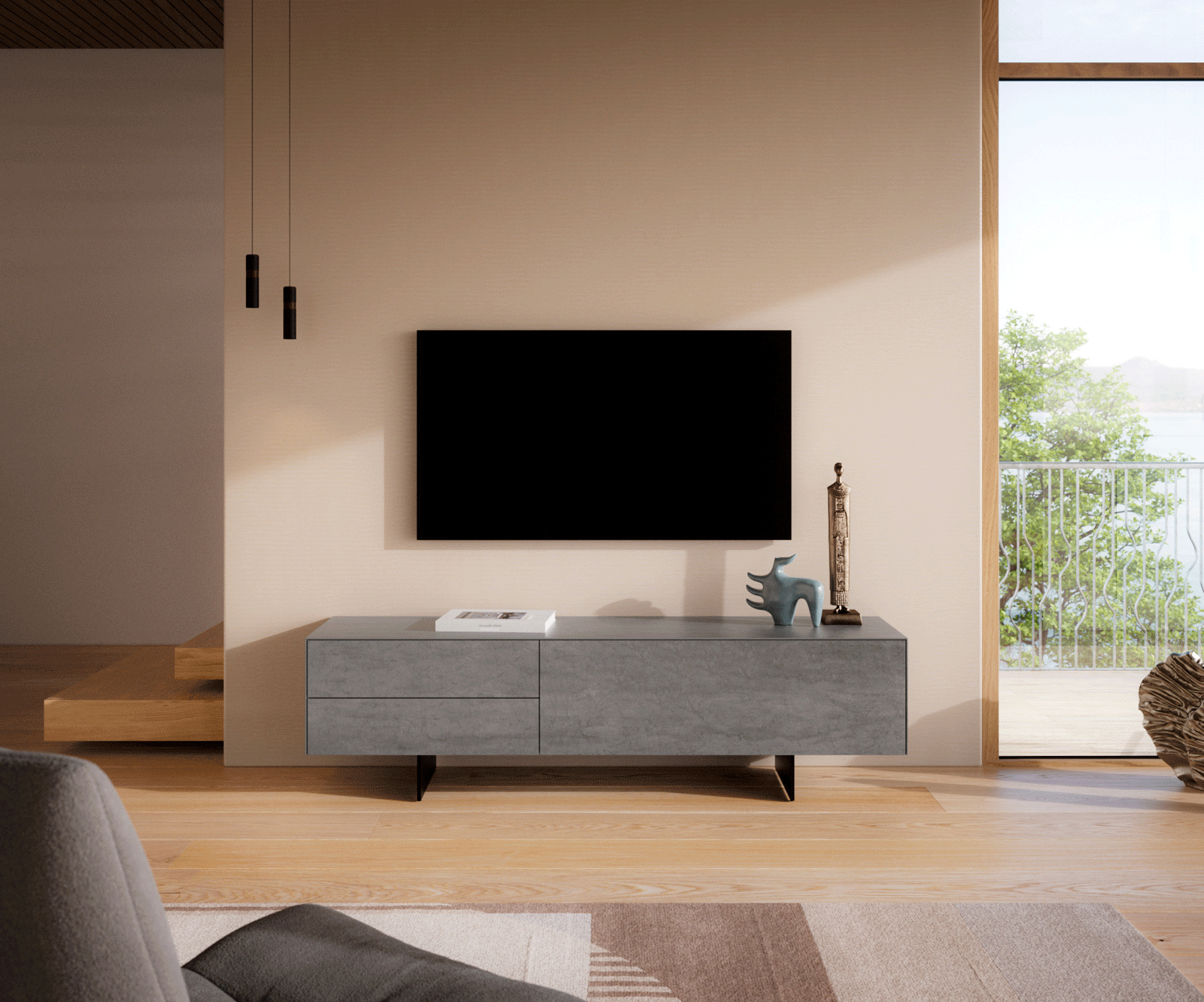 Meuble-TV Cuor 180 cm Céramique Béton gris 1 Clapet 2 Tiroirs Pied optique flottant Métal Noir 2