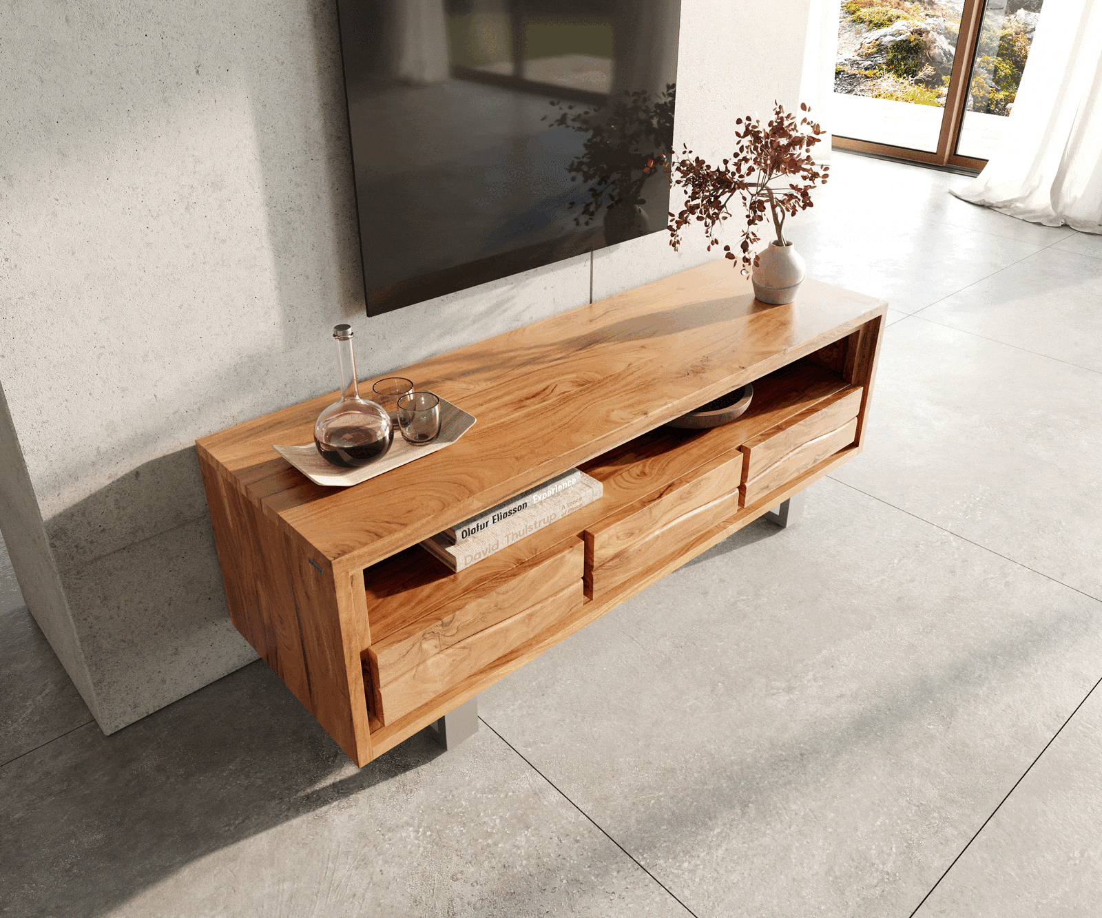 Meuble-TV Live-Edge 146 cm acacia nature 3 tiroirs 1 compartiment 3 Meuble-TV Live-Edge 146 cm acacia nature 3 tiroirs 1 compartiment 3