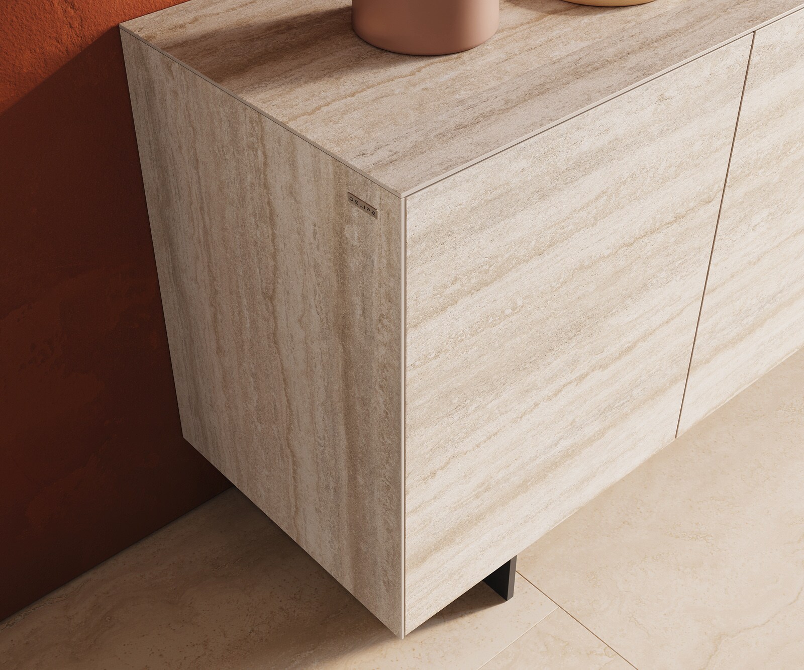 Buffet Cuor 150 cm Céramique Laminam® Travertino Bianco Crème-blanc 3 Portes Pied optique flottant Métal Noir 5