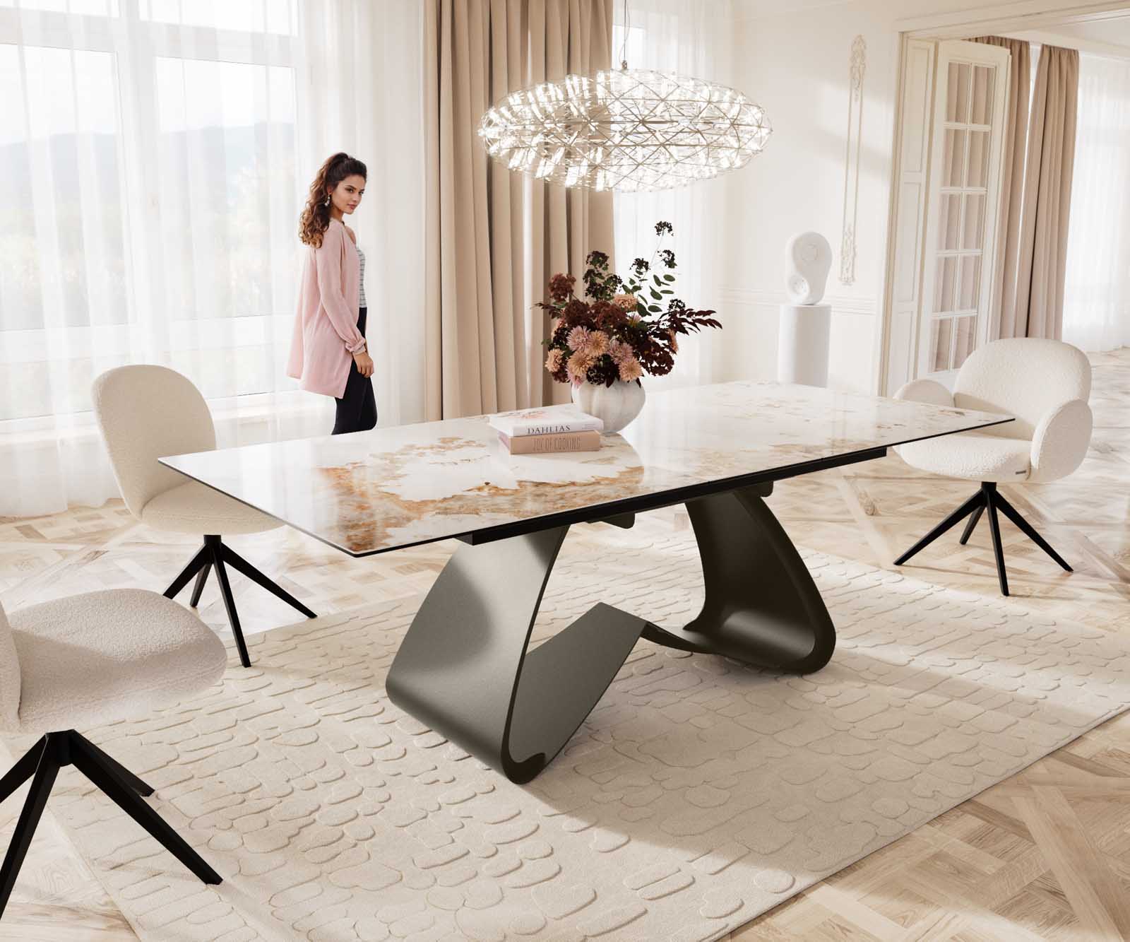 Table à manger Edge 180-220x100 Céramique Minas Melange Blanc-Beige cadre en W Effet Titan Extensible 1