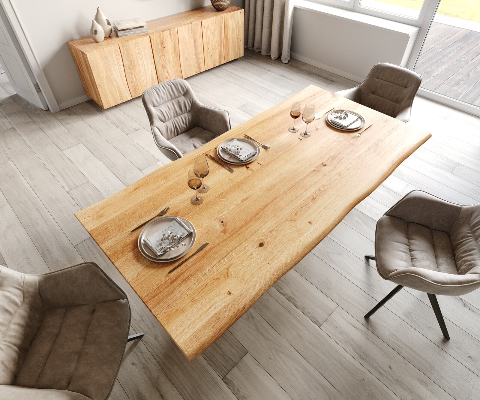 Table à manger Edge 200x100x2,5-3 chêne naturee Pilier métal noir Live-Edge 4
