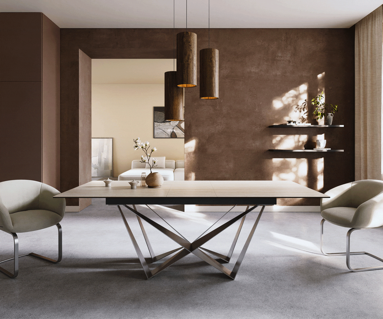 Table à manger Edge 180-220x100 céramique Laminam® Travertino Bianco crème-blanc Spider acier plat acier inoxydable extensible 2