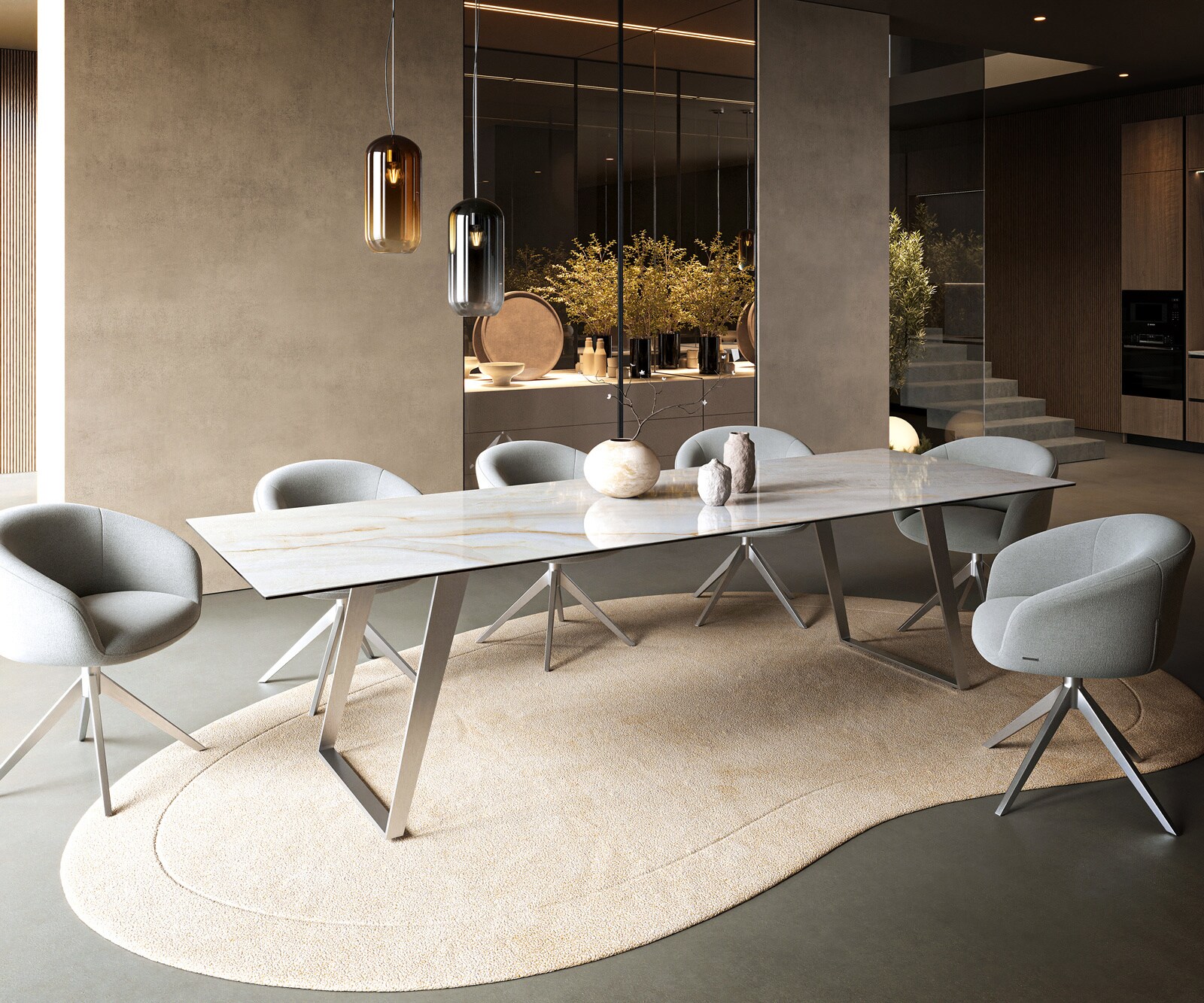 Table à manger Edge 300x100 cm céramique Onyx Pearl inox incliné 7