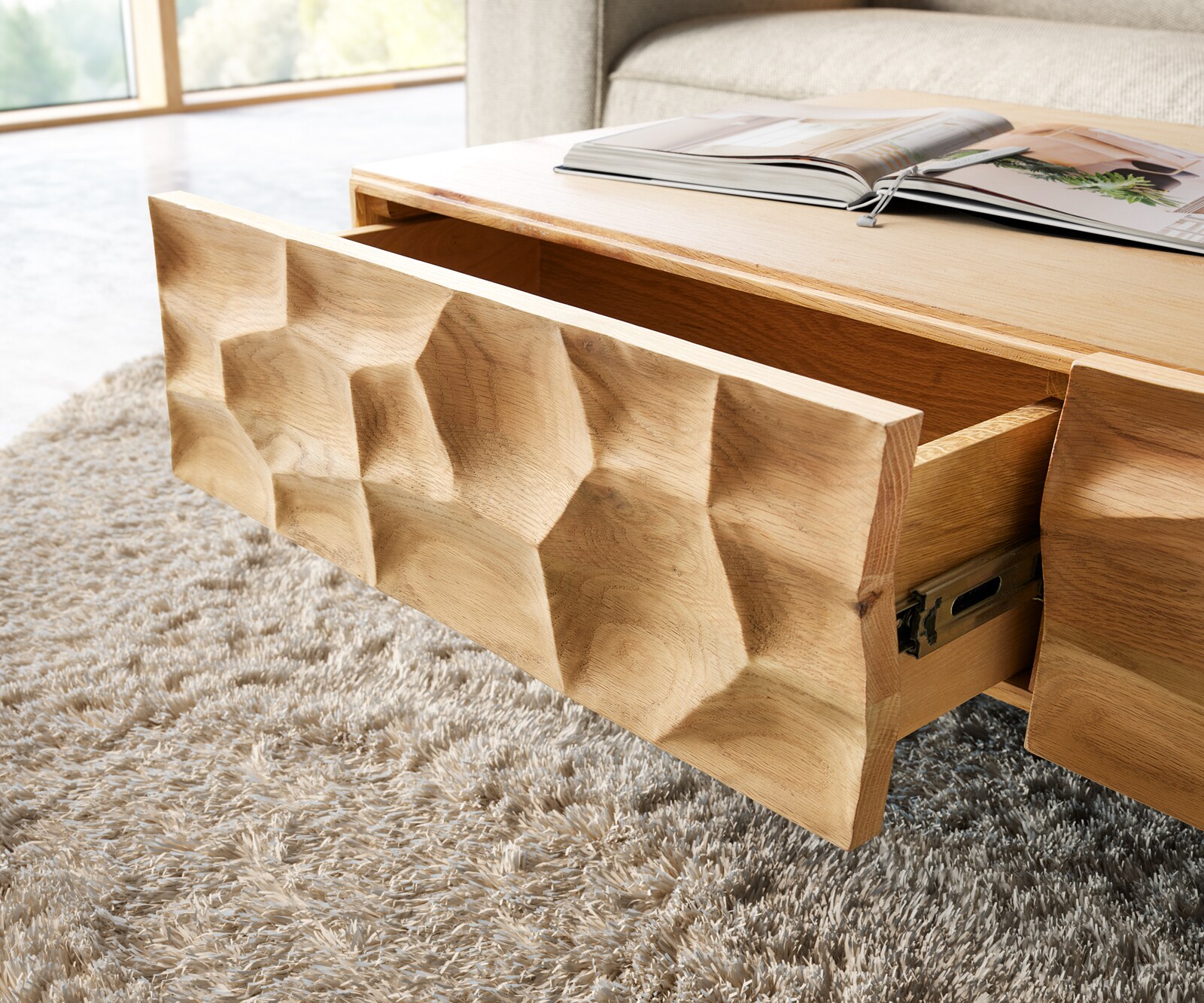 Table basse Solu 120 cm chêne naturel 4 tiroirs pied profilé métal noir face avant 3D 5