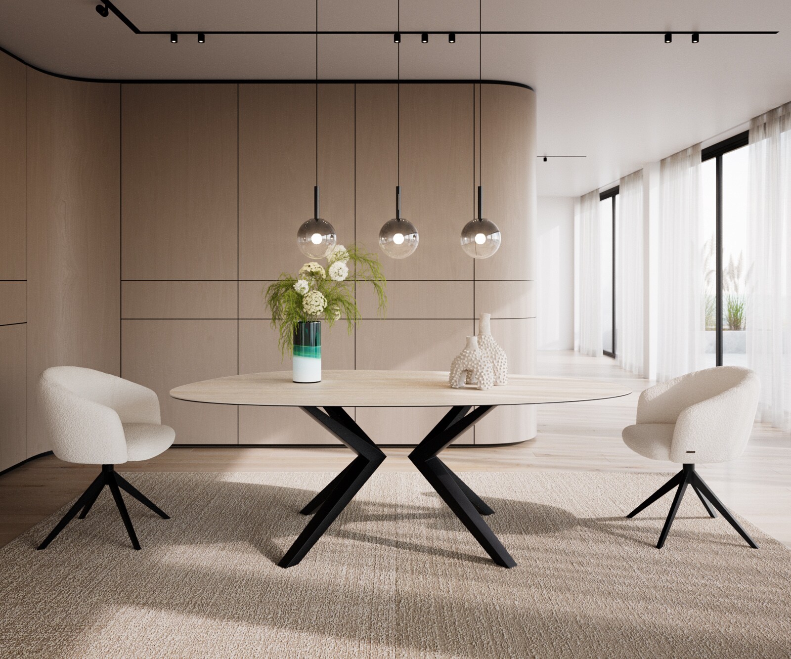 Table à manger Edge Ovale 220x120 Céramique Laminam®Travertino Bianco Crème-Blanc​ Zenthara anguleux Métal Noir 1
