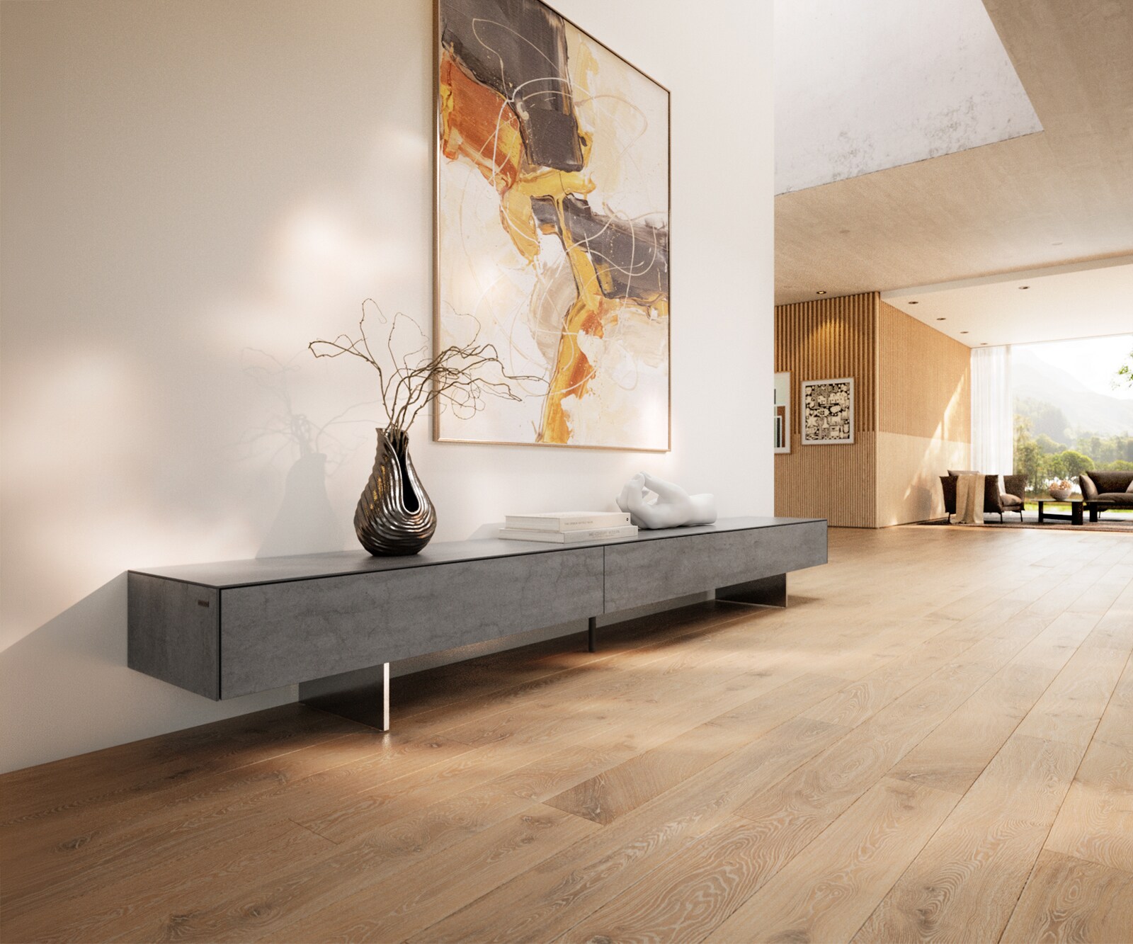 Meuble-TV Cuor 250 cm Céramique Béton gris 1 Clapet 1 Tiroir Pied optique flottant Ancier inoxydable