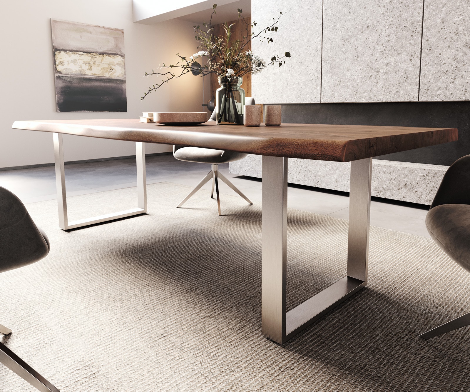 Table-à-manger Edge 260x100 XL acacia marron acier inoxydable mince Live-Edge 4 Table-à-manger Edge 260x100 XL acacia marron acier inoxydable mince Live-Edge 4