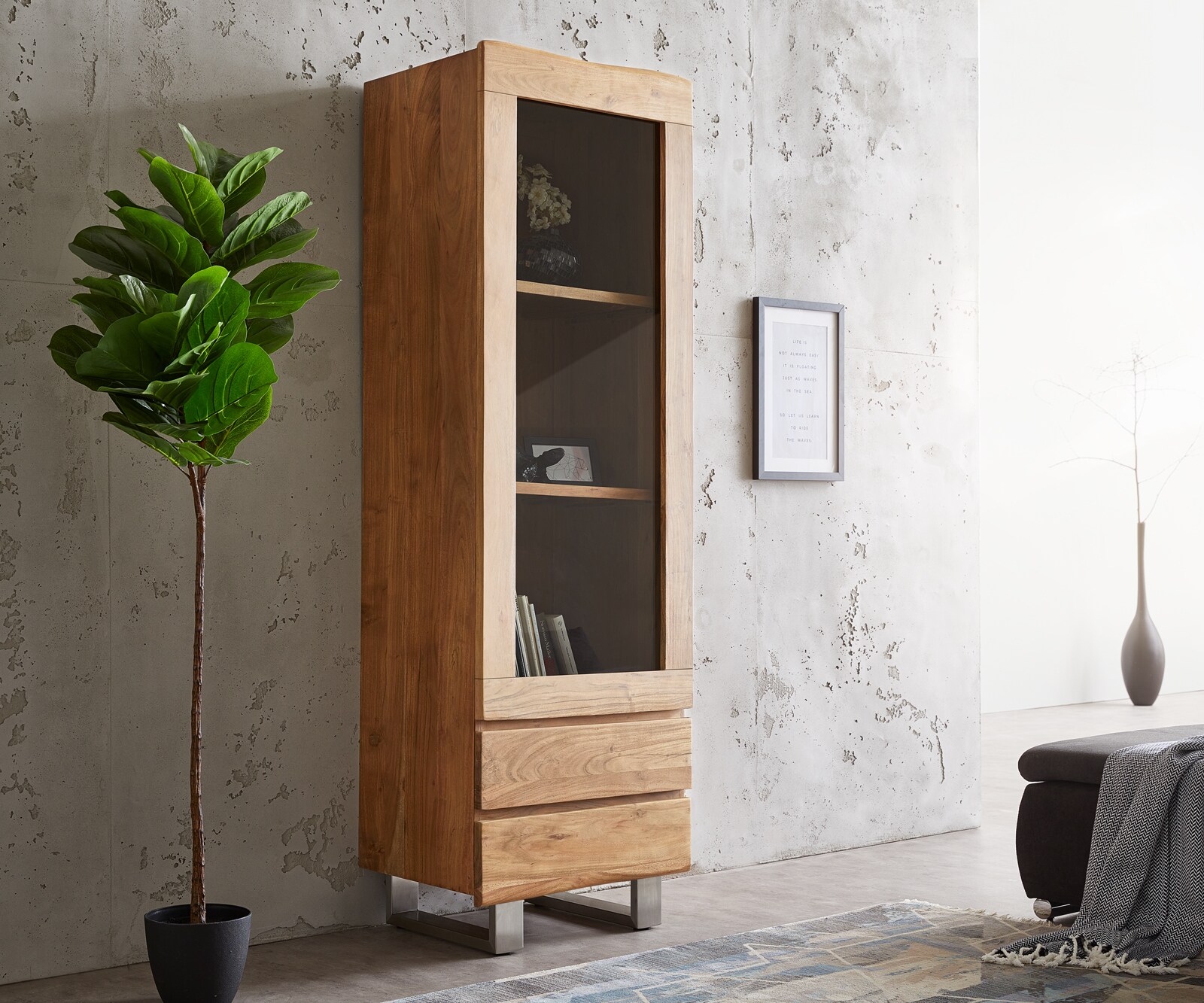 Vitrine Live-Edge 60x190 cm acacia naturel bordure de tronc d'arbre 1 porte 2 tiroirs massif