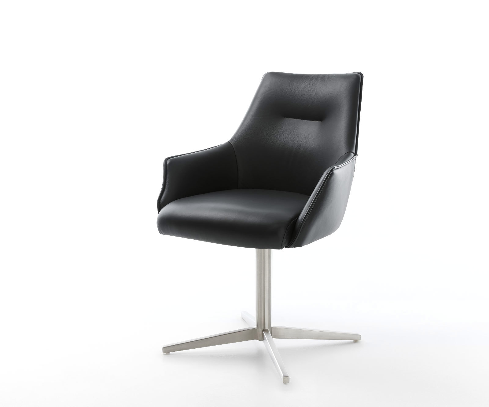 Chaise-pivotante Alja-Flex avec accoudoirs cuir de vache noir pied de chaise 4 branches acier inoxydable brossé pivotement sur 360° ressorts ensachés Chaise-pivotante Alja-Flex avec accoudoirs cuir de vache noir pied de chaise 4 branches acier inoxydable brossé pivotement sur 360° ressorts ensachés