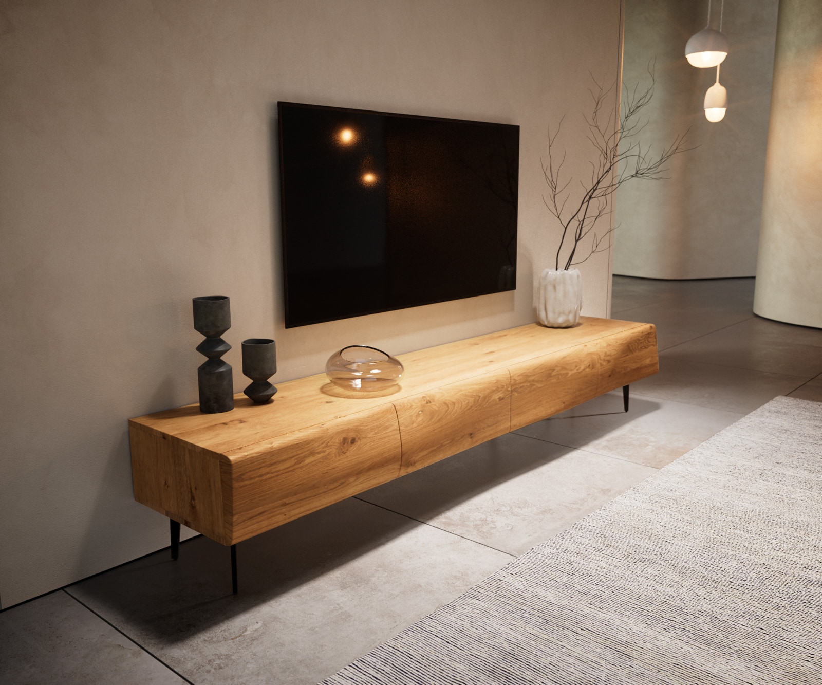 Meuble TV New Live-Edge 200 cm chêne naturel 4 portes pied équerre métal noir 4