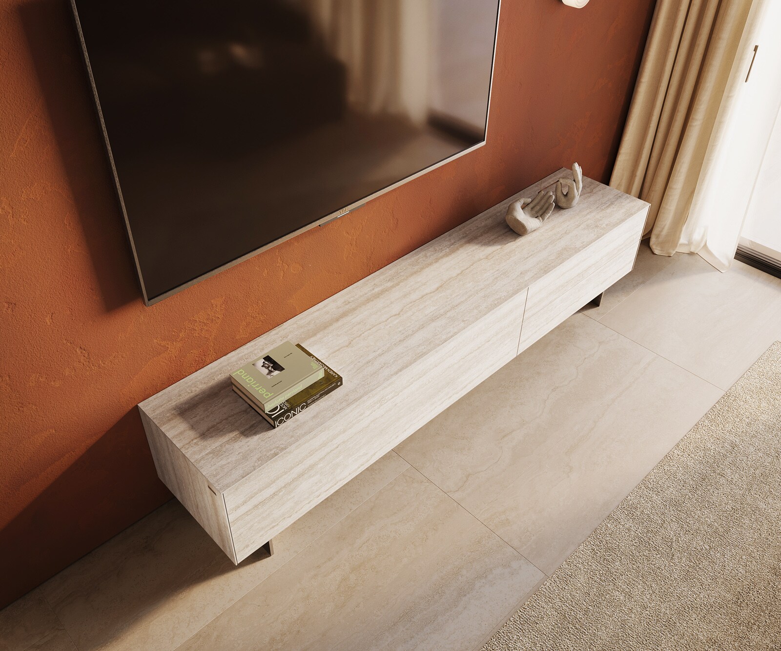Meuble-TV Cuor 220 cm Céramique Laminam® Travertino Bianco Crème-blanc 1 Clapet 2 Tiroirs Pied optique flottant Ancier inoxydable 3