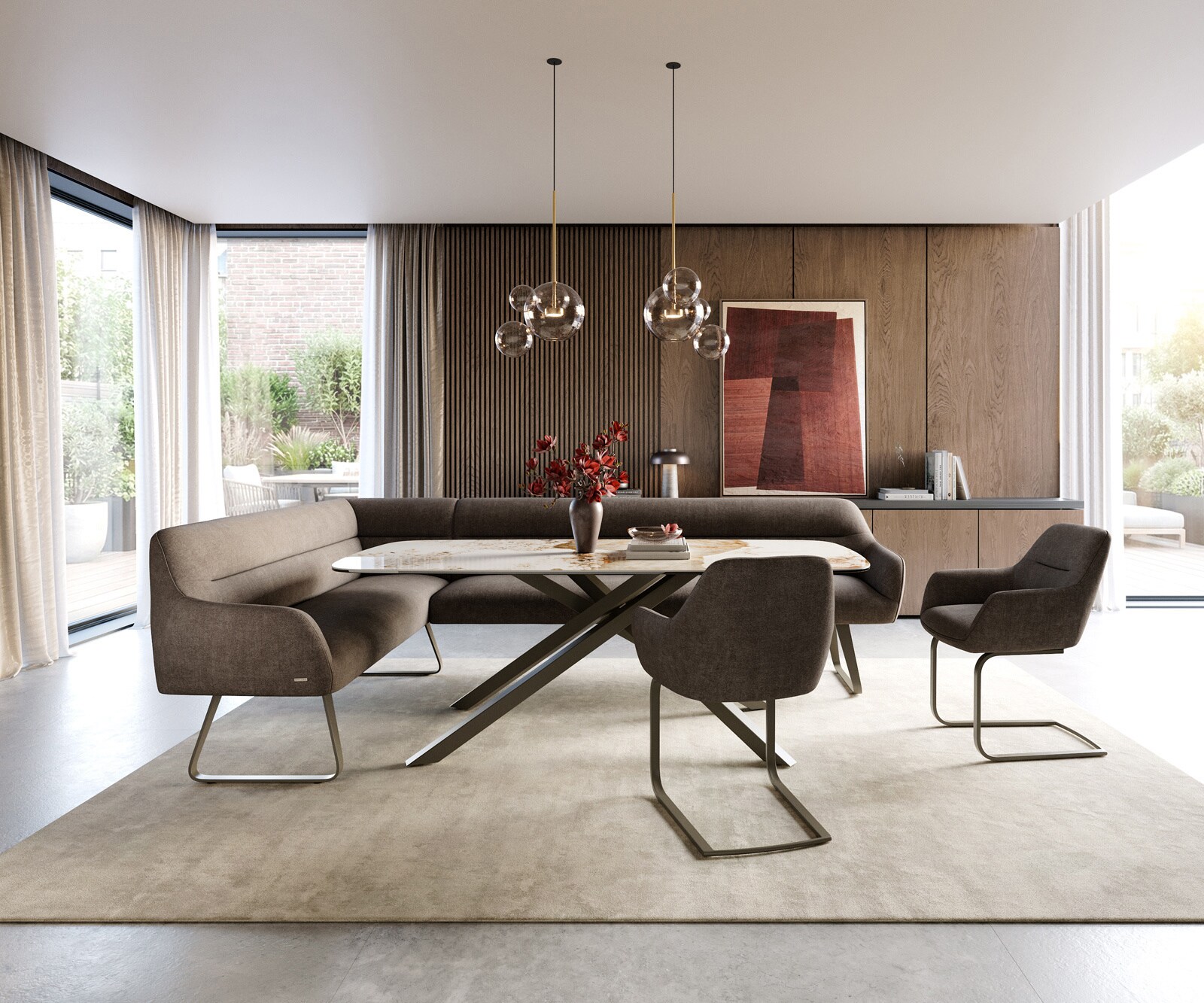 Banc-de-salle-à-manger Taya-Flex 285x190 cm tissu structuré doux taupe châssis à patins plat titane ressort ensaché à droite 2