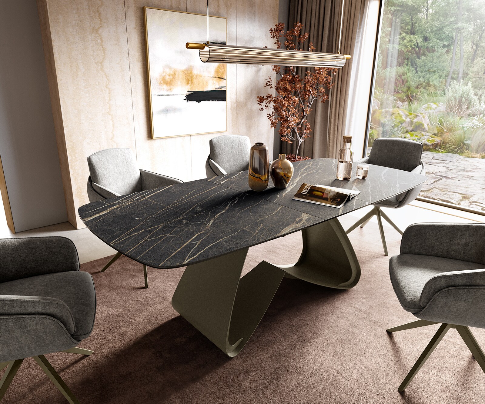 Table à manger Edge Boot 180-220x100 cm Laminam® Céramique Noir Desir Braun piètement en W Finition effet Titan extensible 1