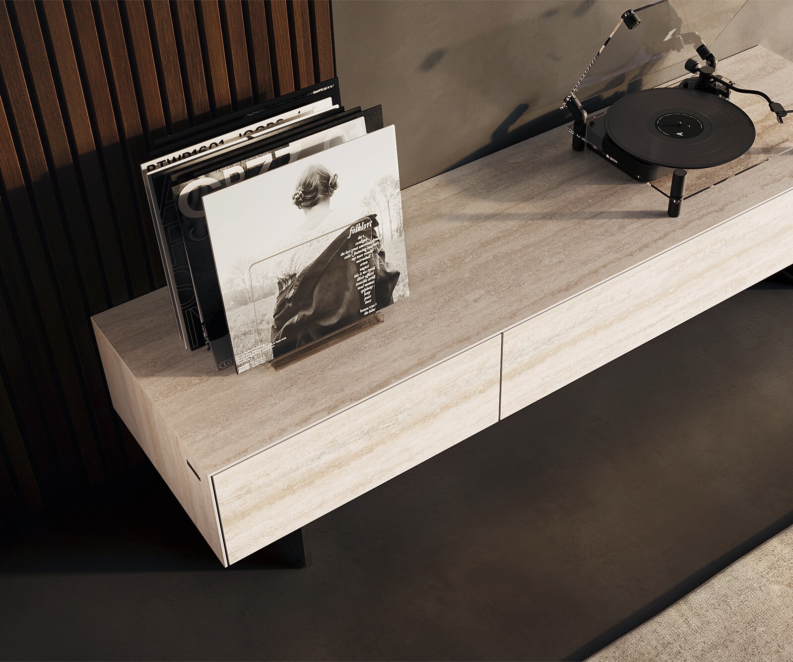 Meuble-TV Cuor 150 cm Céramique Laminam® Travertino Bianco Crème-blanc 1 Clapet 1 Tiroir Pied optique flottant Métal Noir 3
