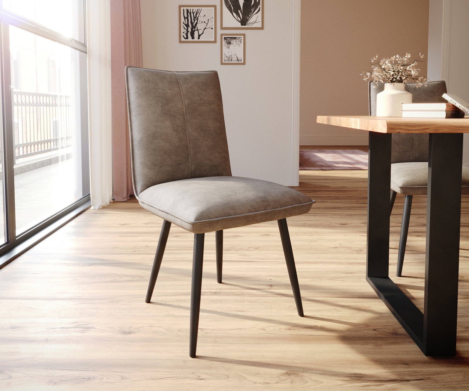 Chaise-de-salle-à-manger Lelio-Flex microvelours taupe vintage 4 pieds coniques noir ressorts ensachés 1