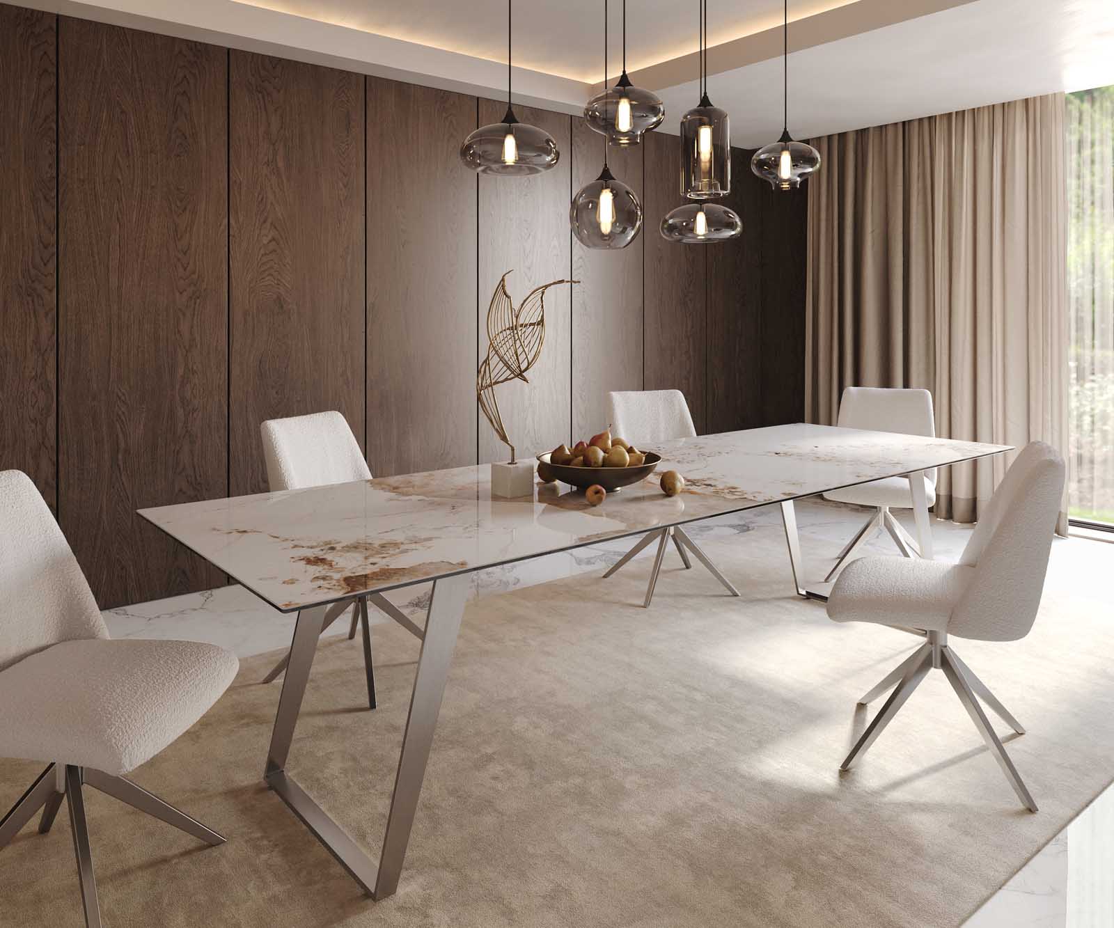 Table à manger Edge 300x100 céramique Minas mélange blanc-beige acier inoxydable incliné 1