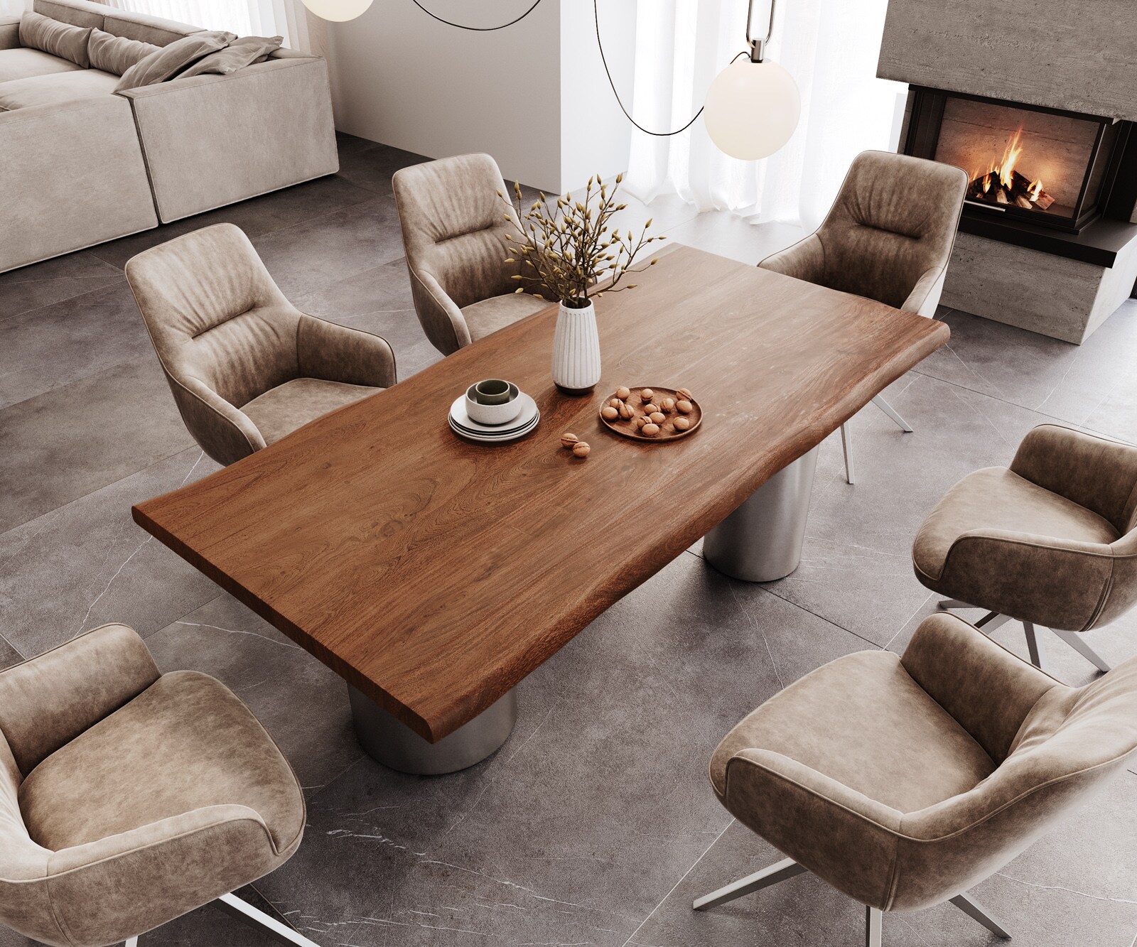 Table à manger Edge 200x100 XL acacia marron Troa acier inoxydable brossé Live-Edge 3