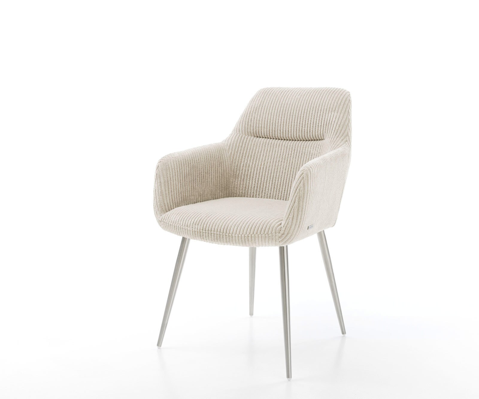Chaise-de-salle-à-manger Pejo-Flex côtelé beige vintage 4 pieds coniques acier inoxydable brossé ressorts ensachés