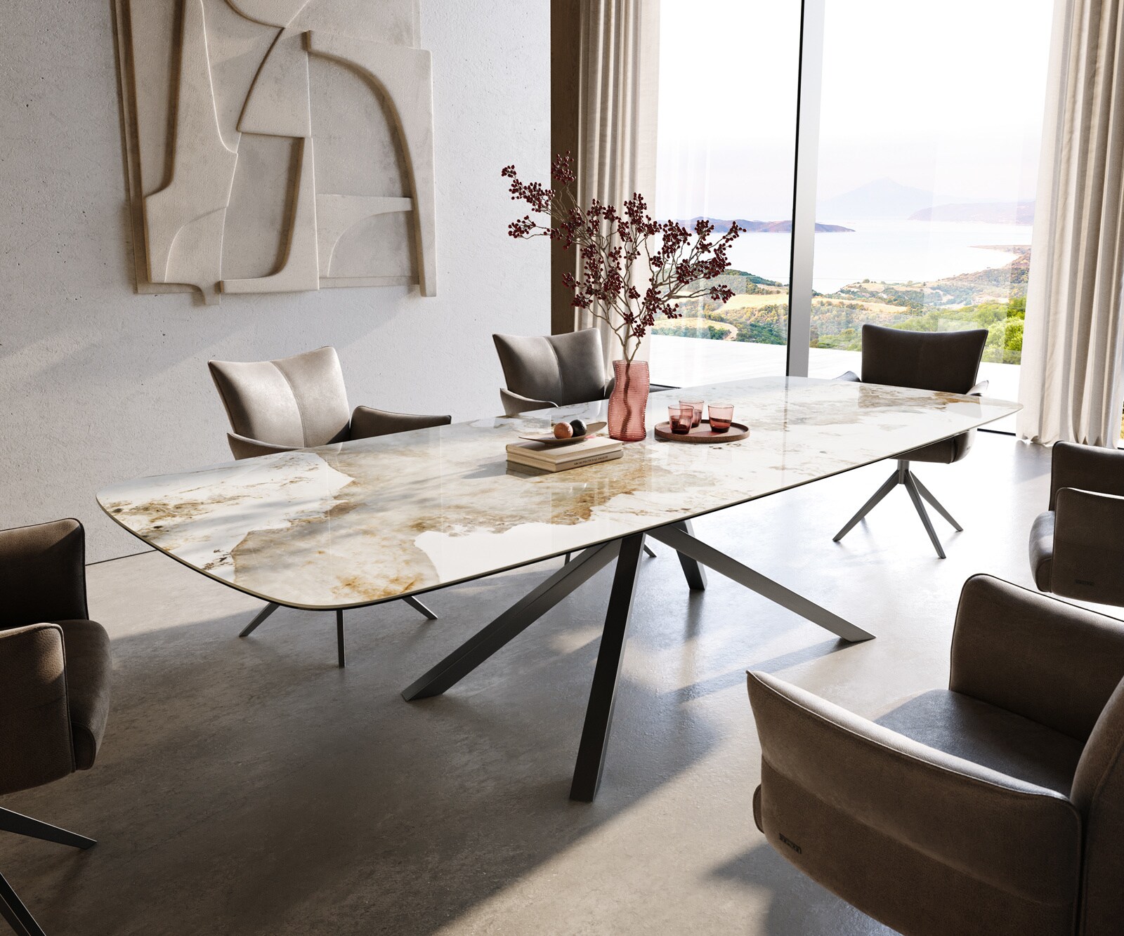 Table à manger Edge Boot 300x120 cm Céramique Minas Melange Blanc-Beige piètement en croix Rectangle Acier inoxydable Graphite 1