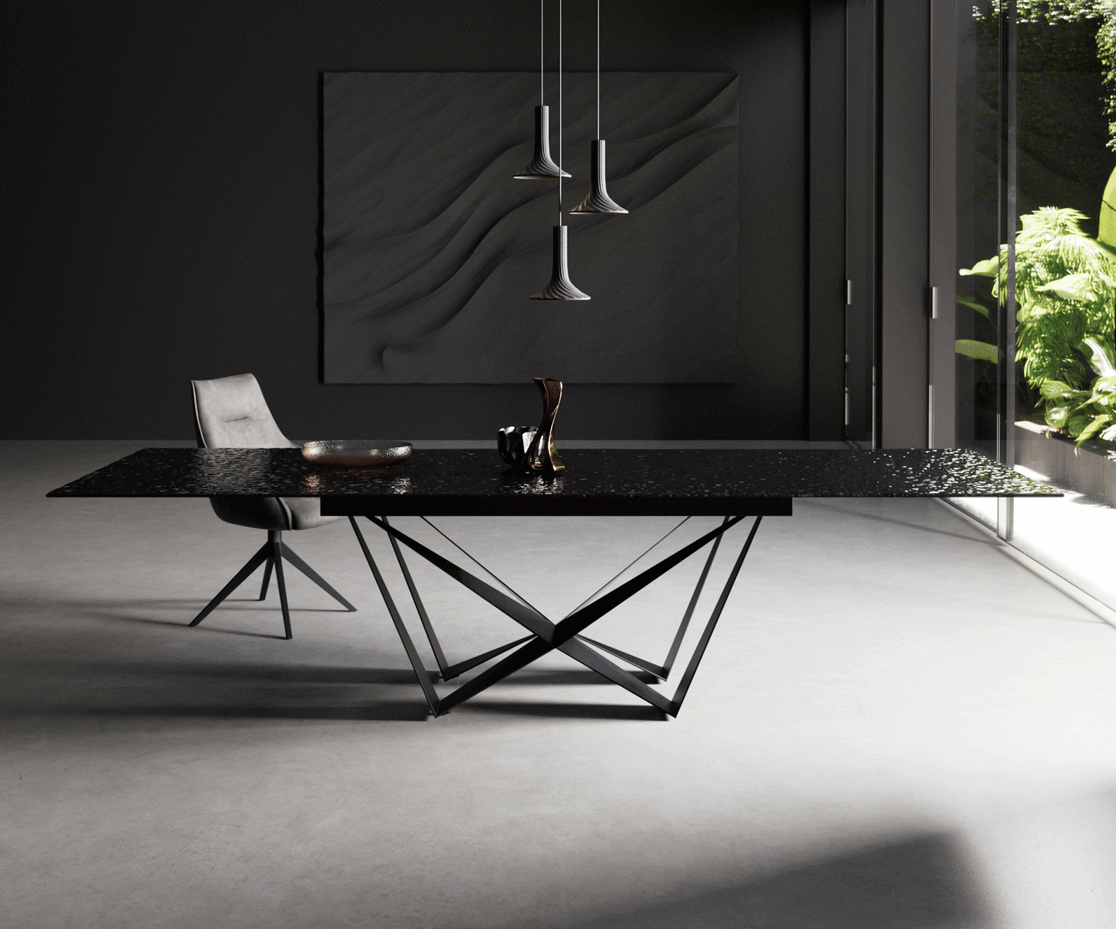 Table à manger Edge 200-300x100 verre fondu noir fumé relief en 3D Spider acier plat noir extensible 1