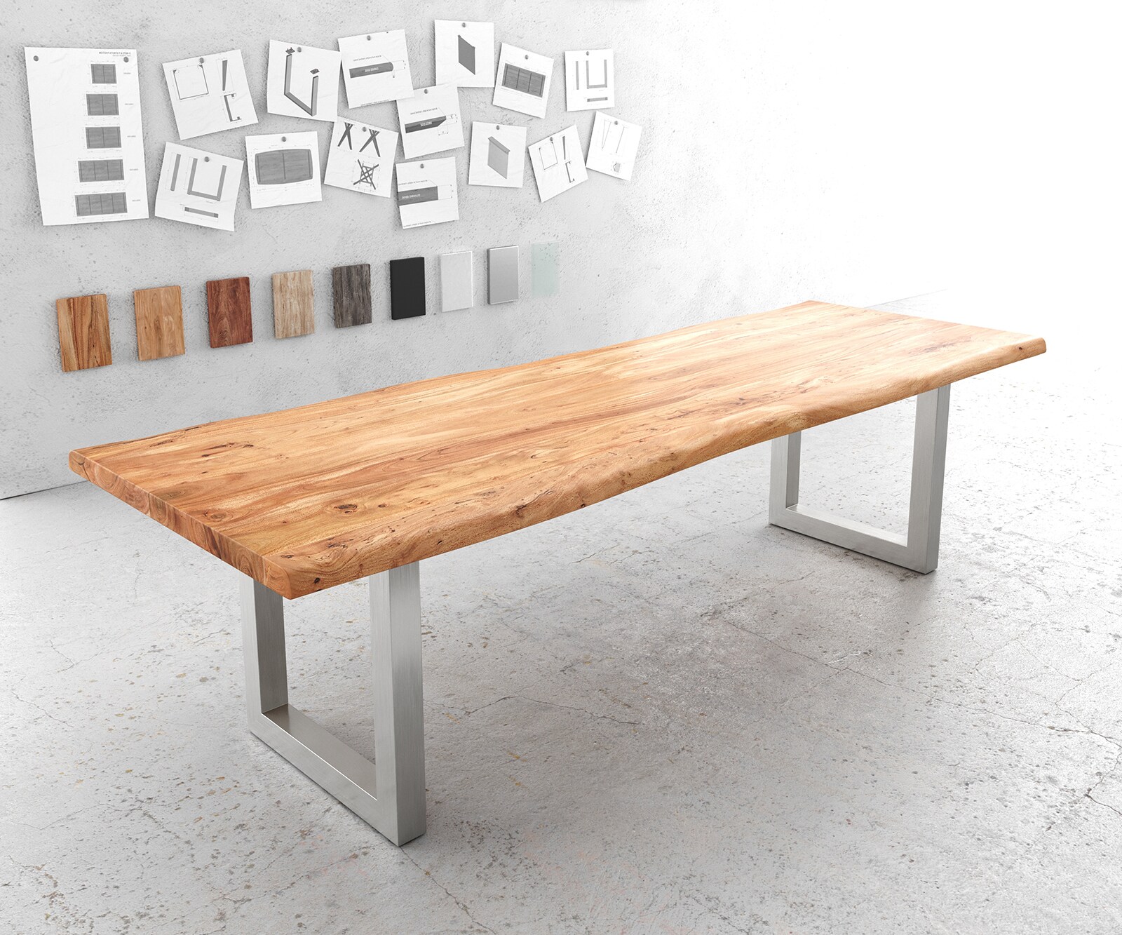 Table-à-manger Edge 280x100cm XL acacia nature acier inoxydable large Live-Edge 1