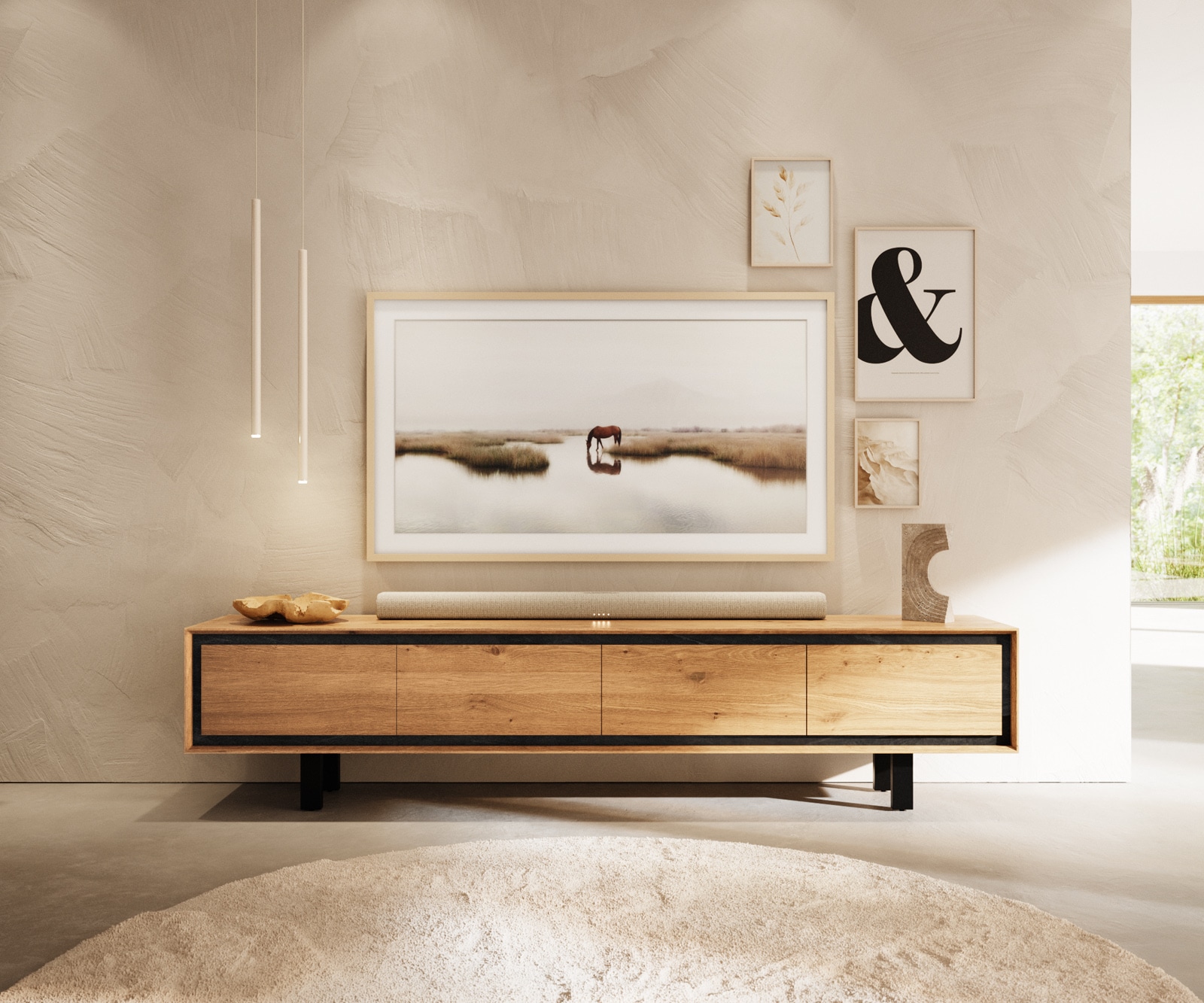 Meuble-TV  Stonegrace 200 cm chêne naturel 4 portes pied carré métal noir 2