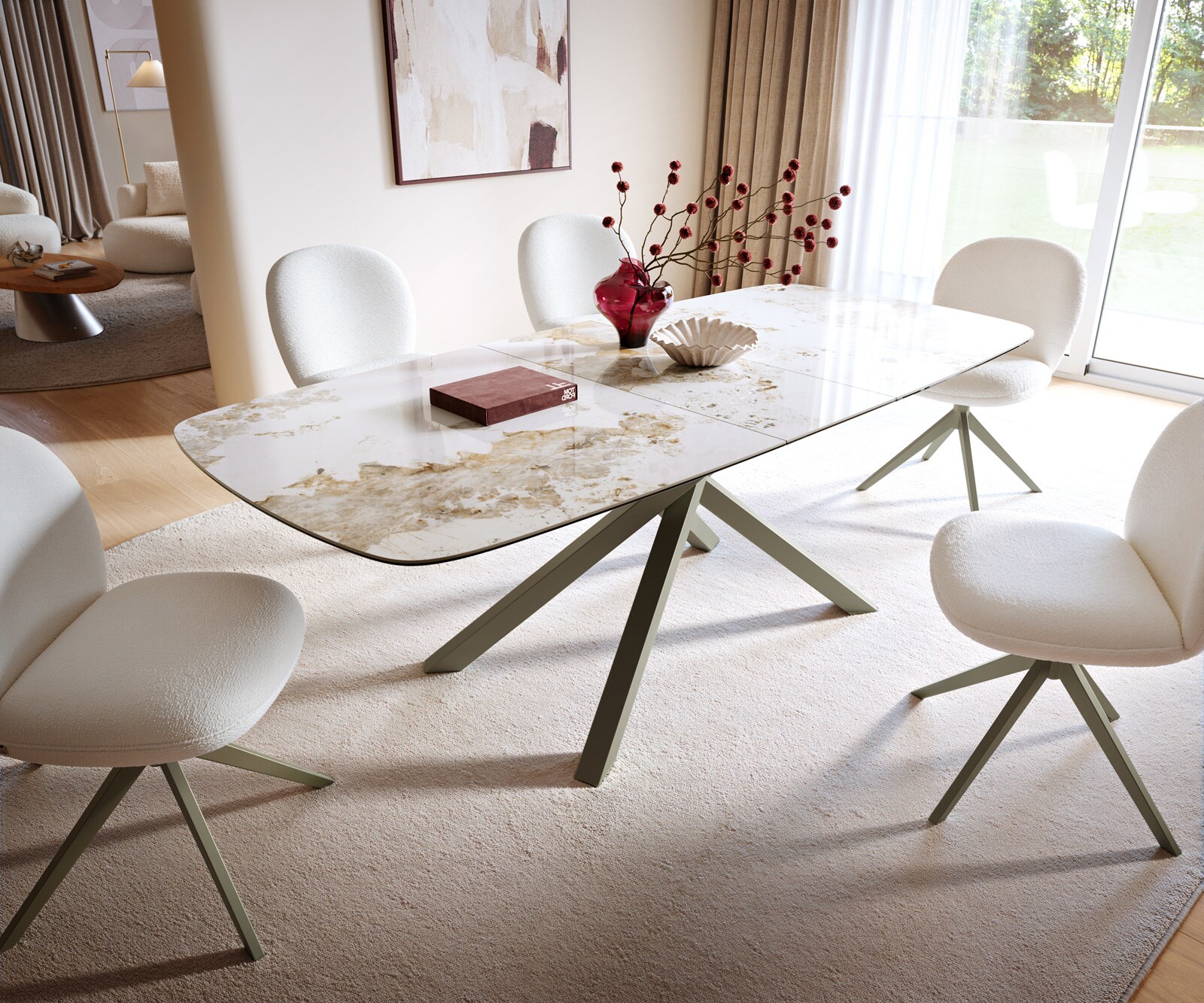 Table à manger Edge Boot 180-220x100 cm Céramique Minas Melange Blanc-Beige piètement en croix Rectangle Finition effet Titan extensible 6