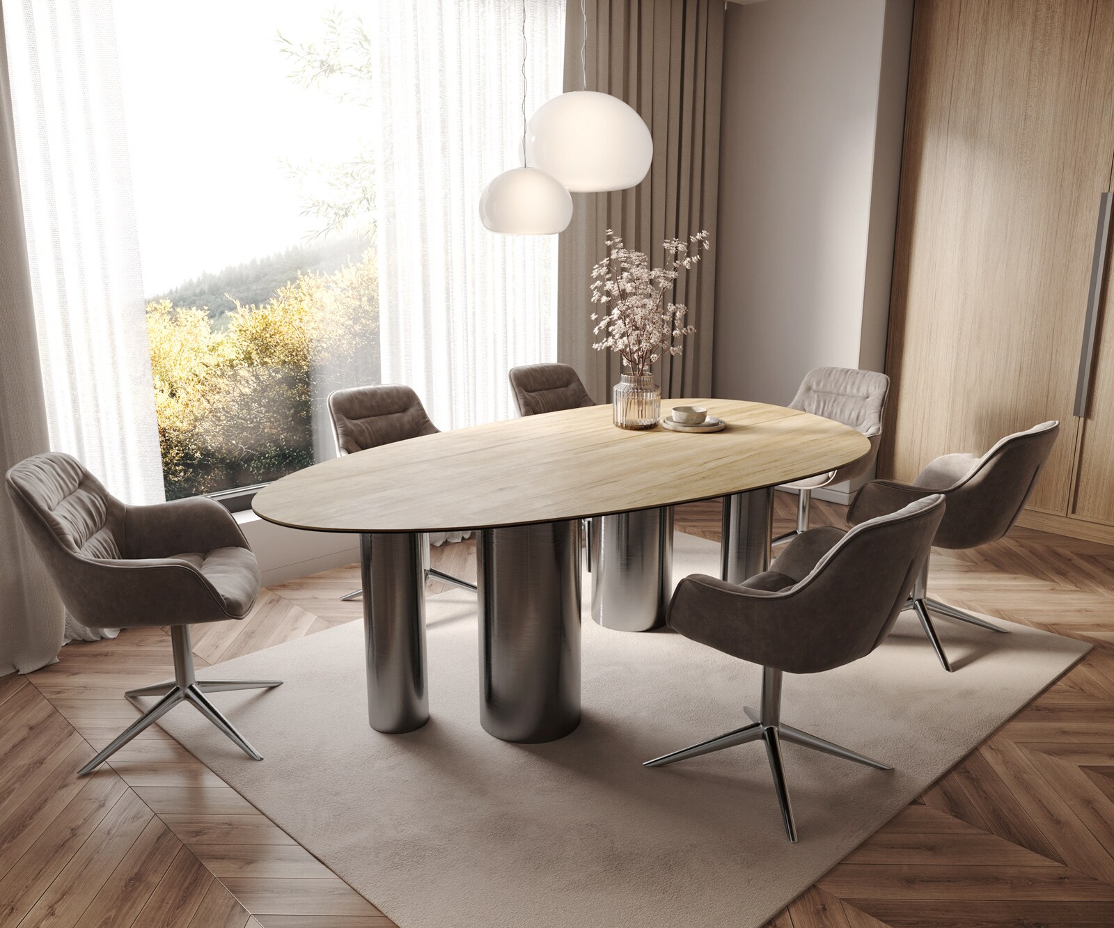 Table à manger Edge Ovale 220x120 Céramique Laminam® Sabbia Couleur chêne Pilier Acier inoxydable Graphite 7