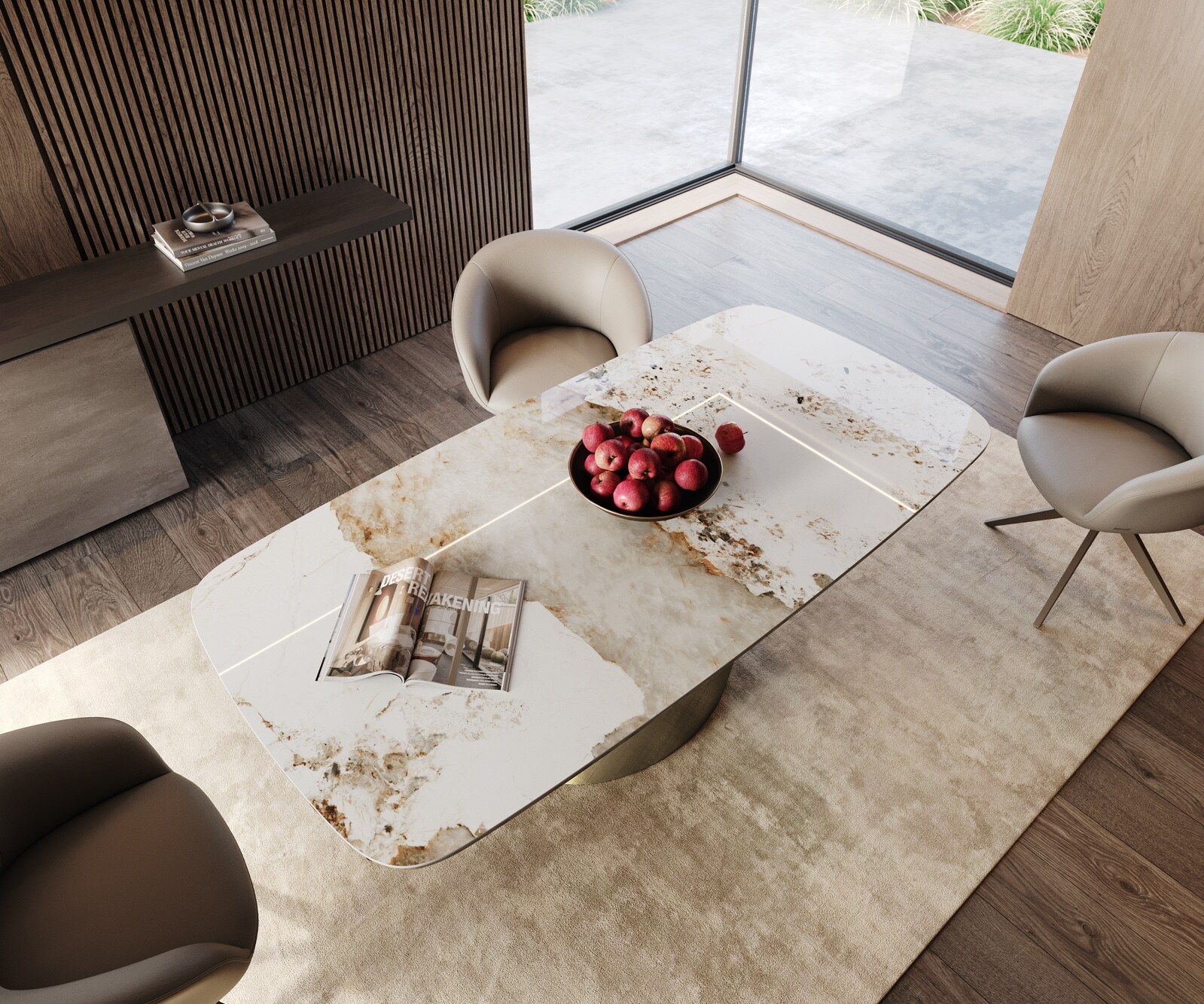 Table à manger Edge Boot 200x100 céramique Minas mélange blanc-beige Cono métallique doré 3